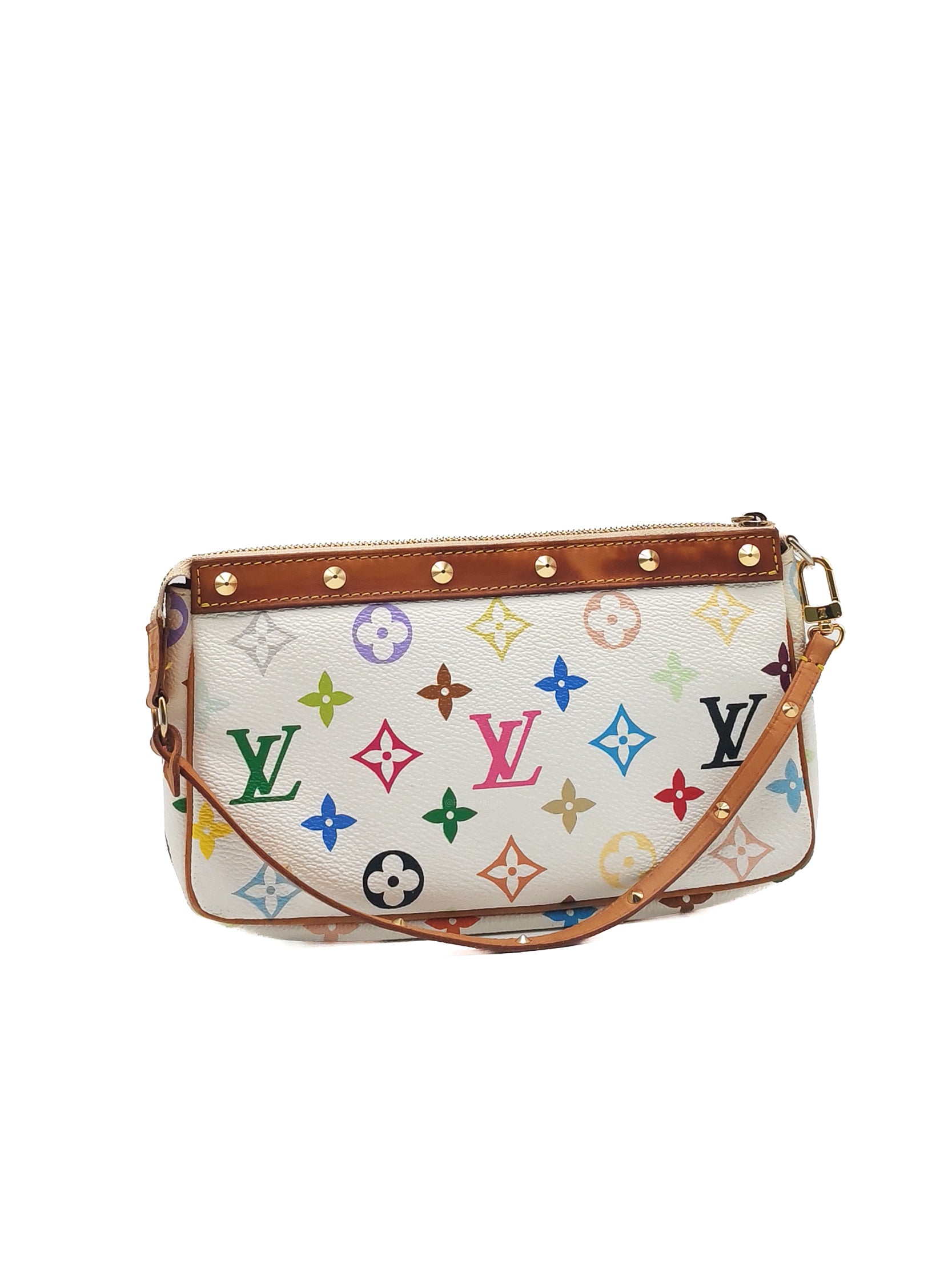 Louis Vuitton x Takashi Murakami Pochette Accessories in Vibrant Multicolored Monogram Canvas and Gold Hardware (Datecode: SL1003)