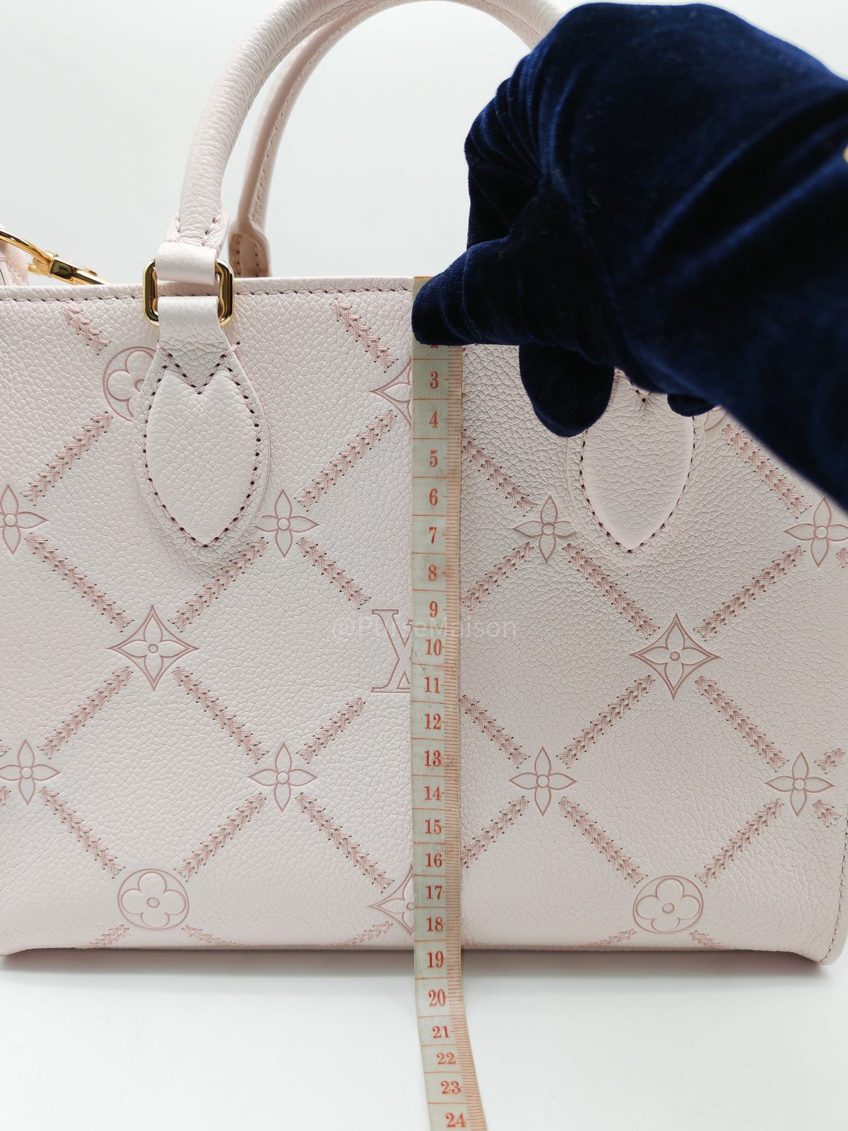 Louis Vuitton OnTheGo PM in Pale Pink Monogram Empreinte Couture Cowhide Leather and Gold Hardware Microchip