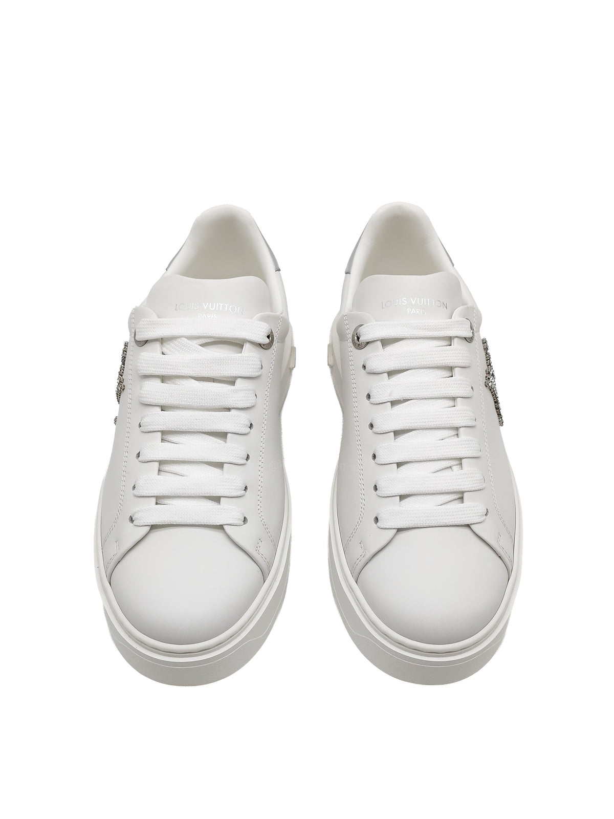 Louis Vuitton Time Out Sneaker in White with Silver Rhinestone Logo Size 38 EU (25.5 cm)