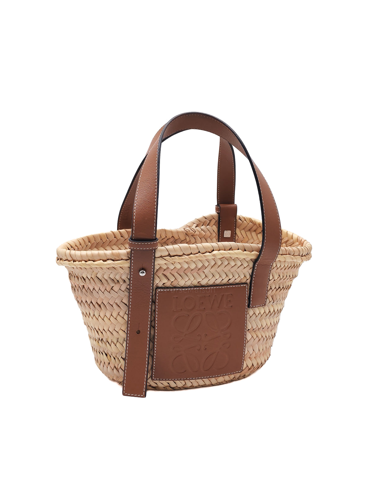 Loewe Palm Leaf & Brown Leather Small Basket Bag