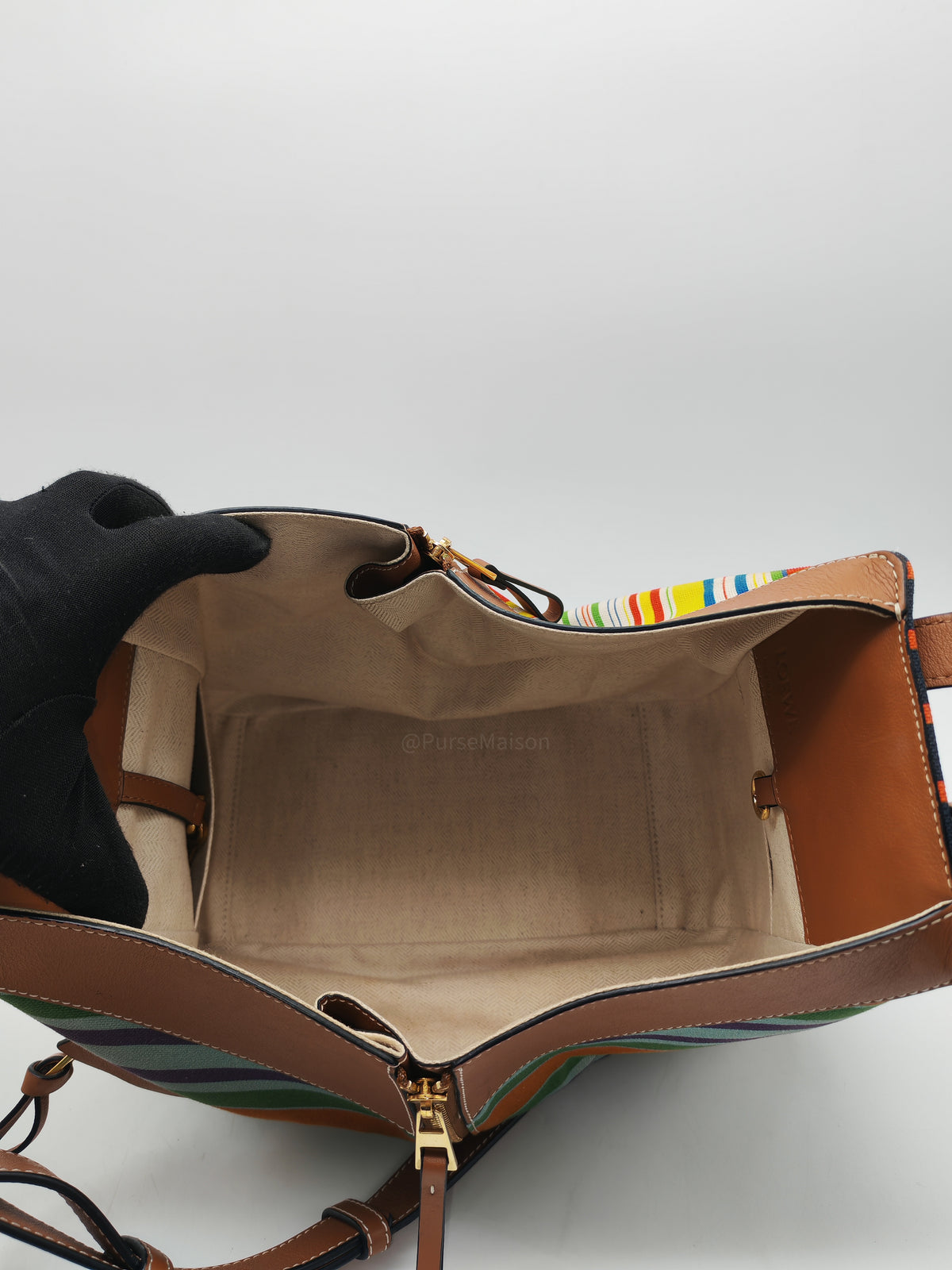 Loewe Hammock Bag Small in Striped Canvas Calfskin Leather and Gold Hardware