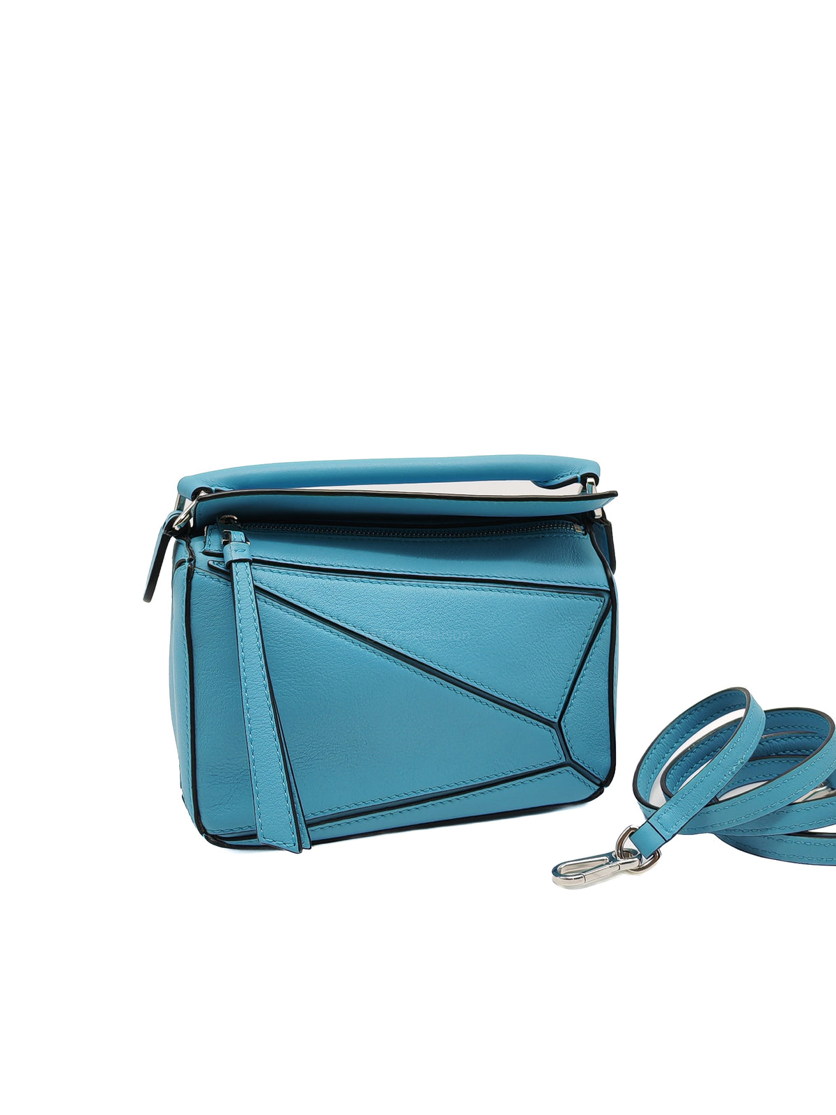 Loewe Mini Puzzle Bag in Light Blue Calfskin Leather and Silver Hardware