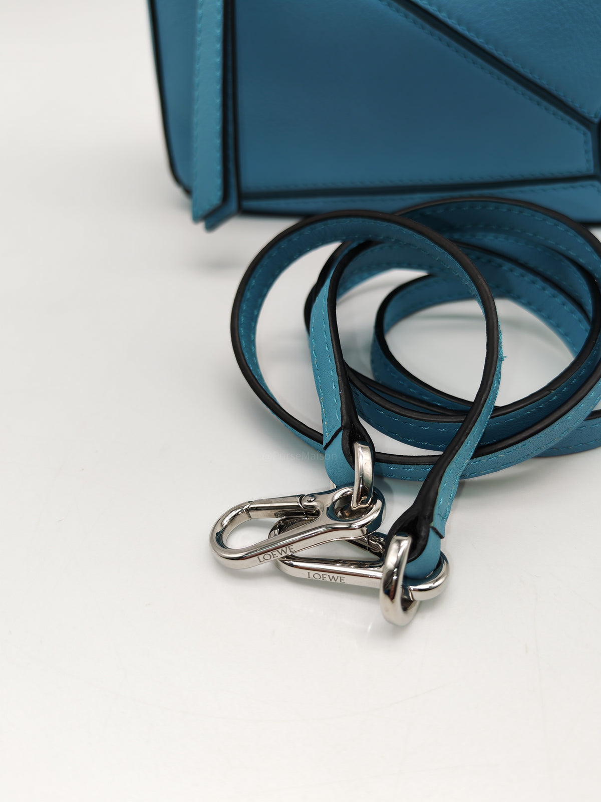 Loewe Mini Puzzle Bag in Light Blue Calfskin Leather and Silver Hardware