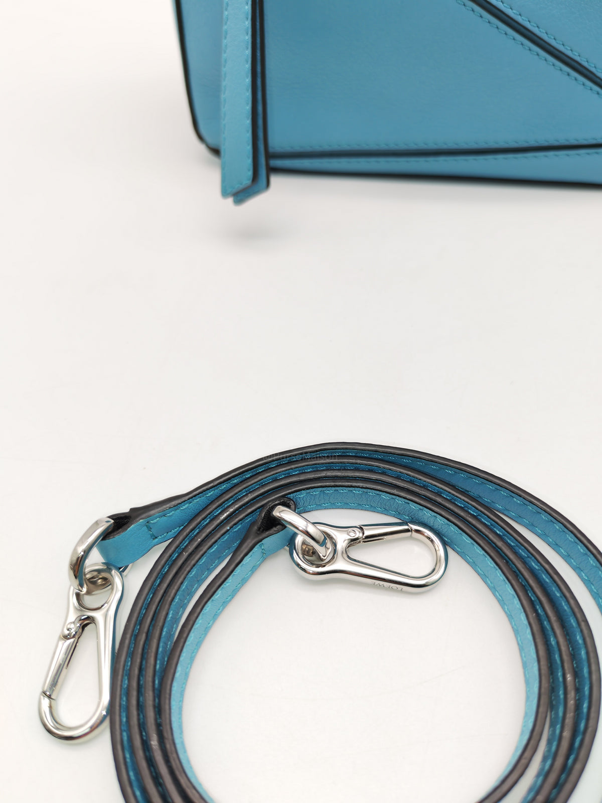 Loewe Mini Puzzle Bag in Light Blue Calfskin Leather and Silver Hardware