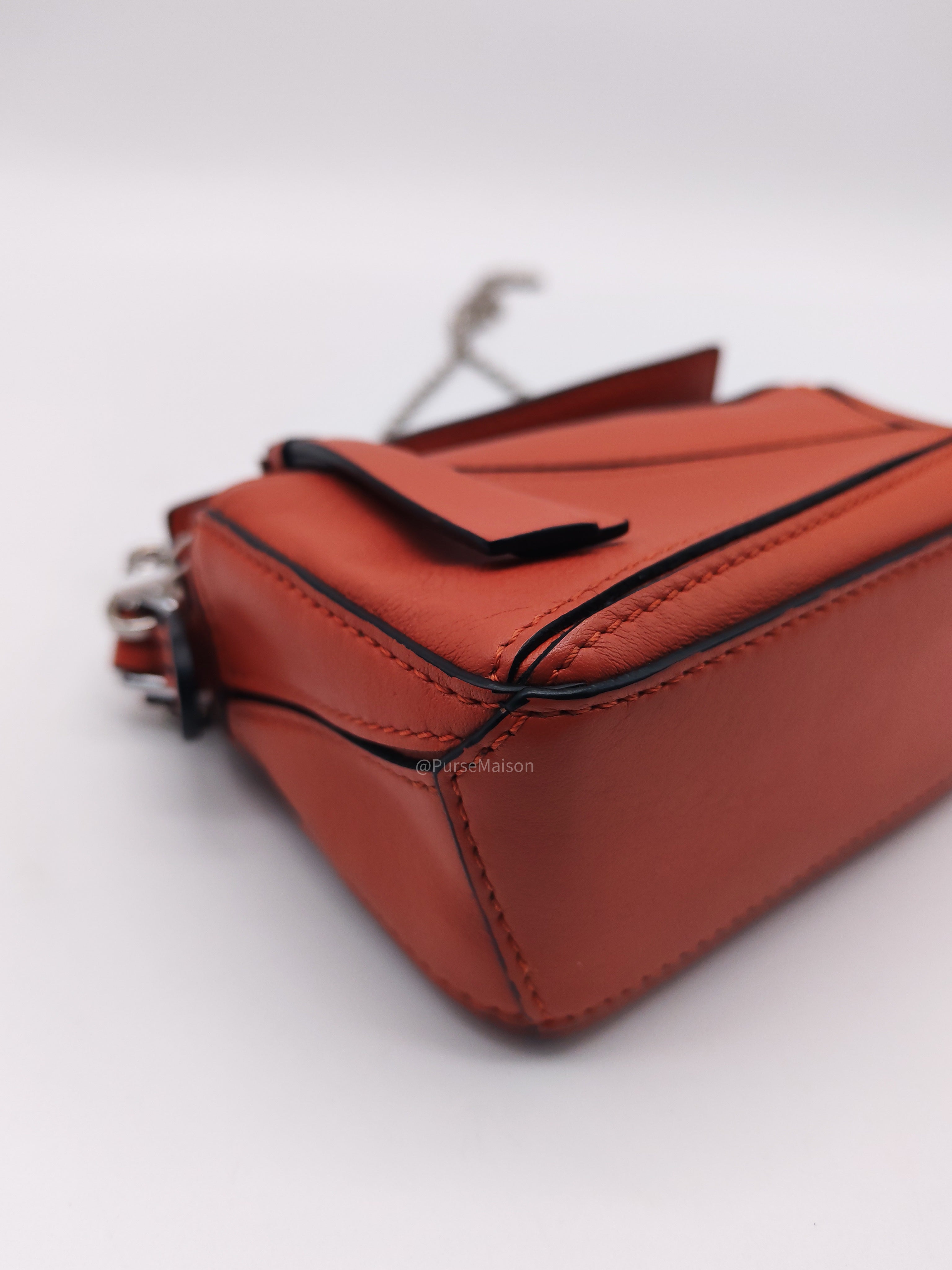 Loewe Puzzle Nano Bag in Red Orange Calfskin Leather Silver Hardware
