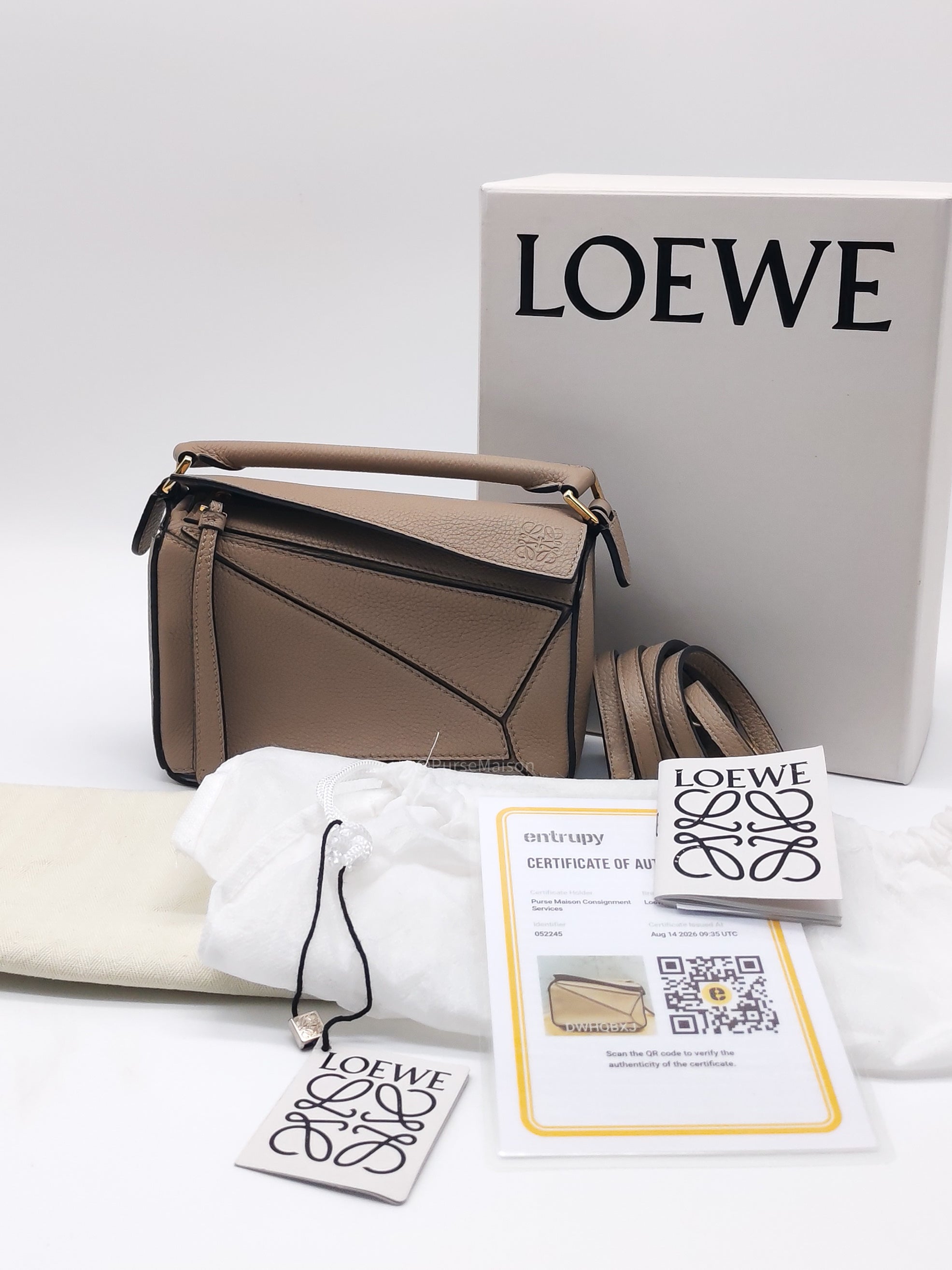 Loewe Puzzle Bag Mini in Taupe Calfskin Leather and Gold Hardware