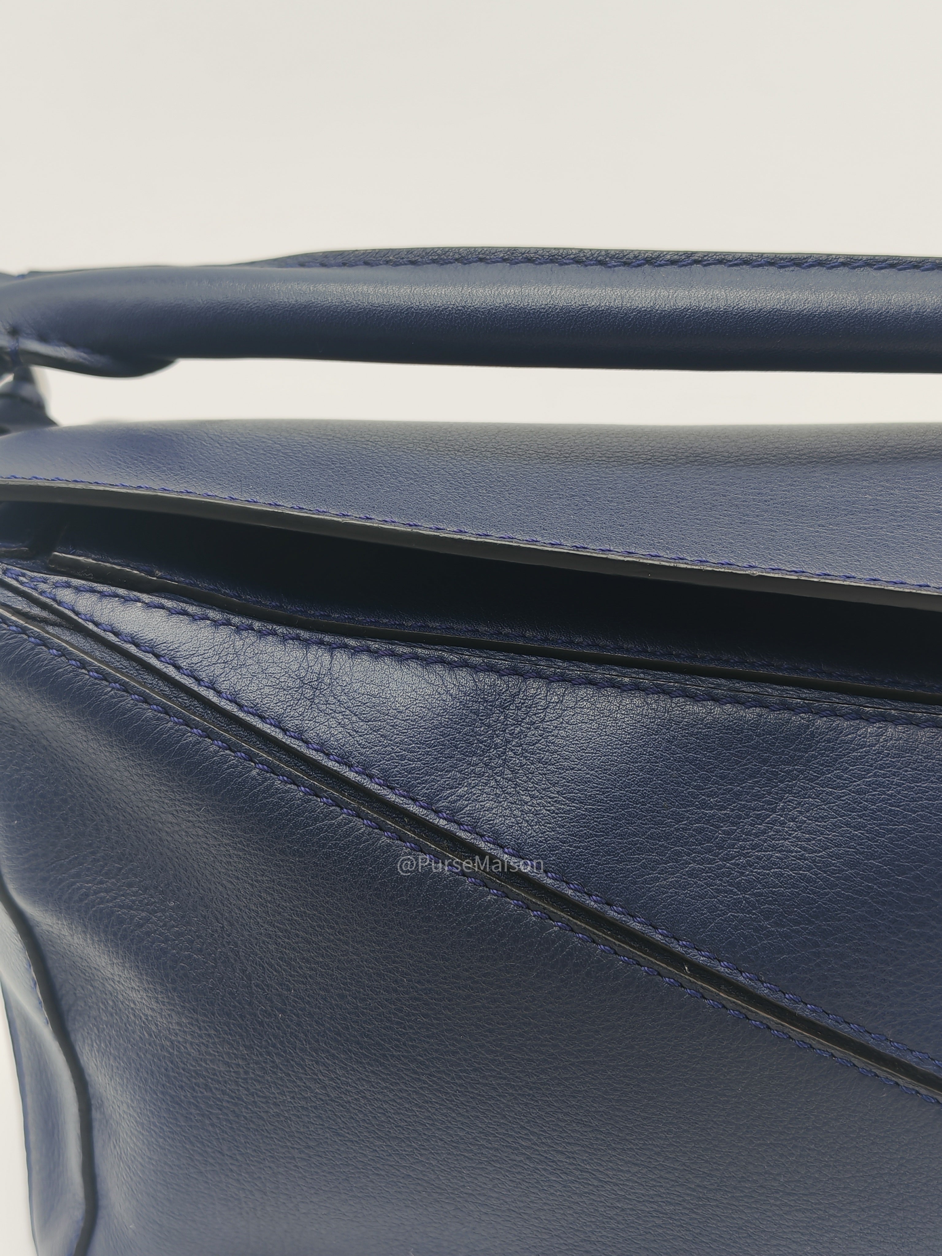 Loewe Puzzle Bag Small in Dark Blue Calfskin Leather and Silver Hardware