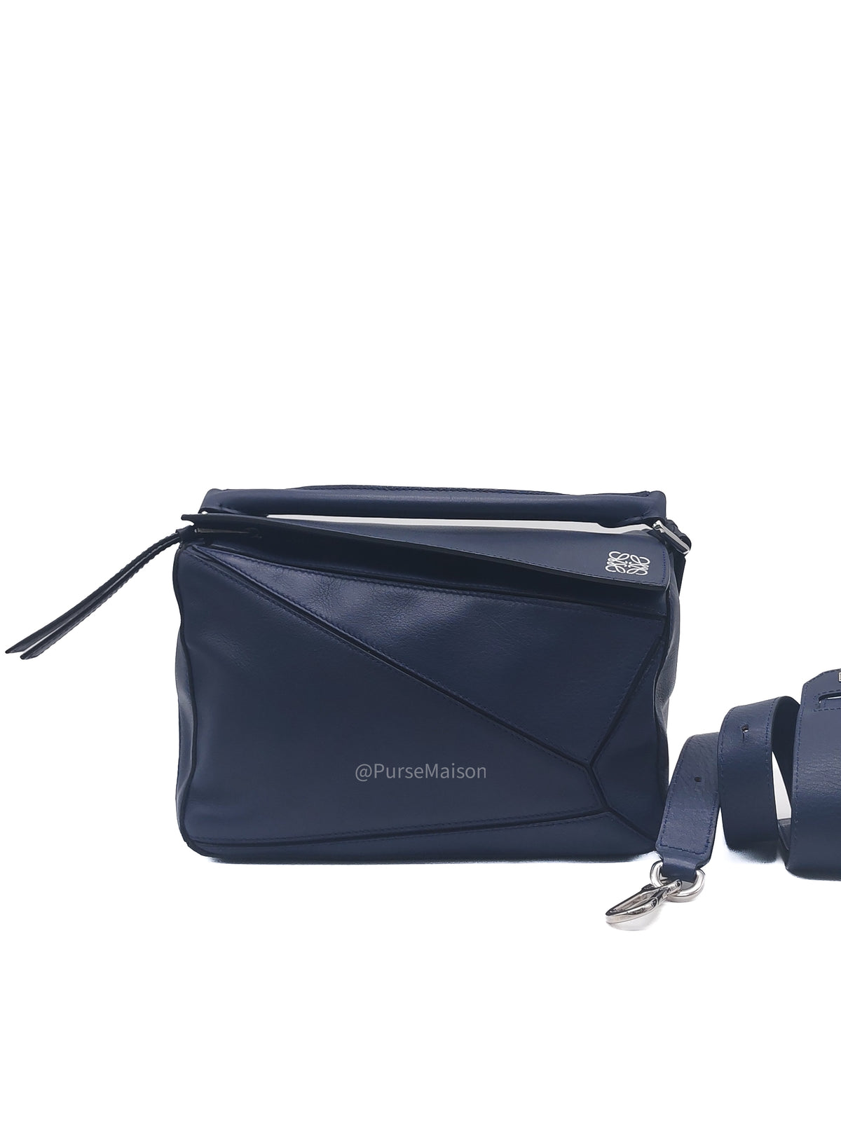 Loewe Puzzle Bag Small in Dark Blue Calfskin Leather and Silver Hardware