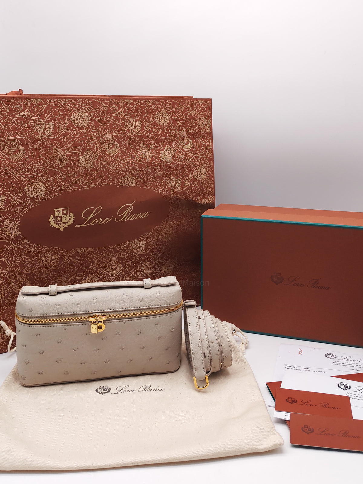 Loro Piana Extra Pocket L19 in Light Travertine/Sun Gold Ostrich Leather
