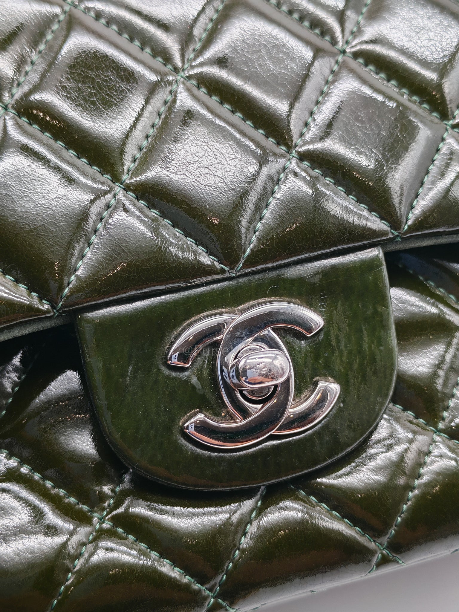 Chanel Classic Double Flap Medium in Green Quilted Patent Leather & Silver Hardware Series 15