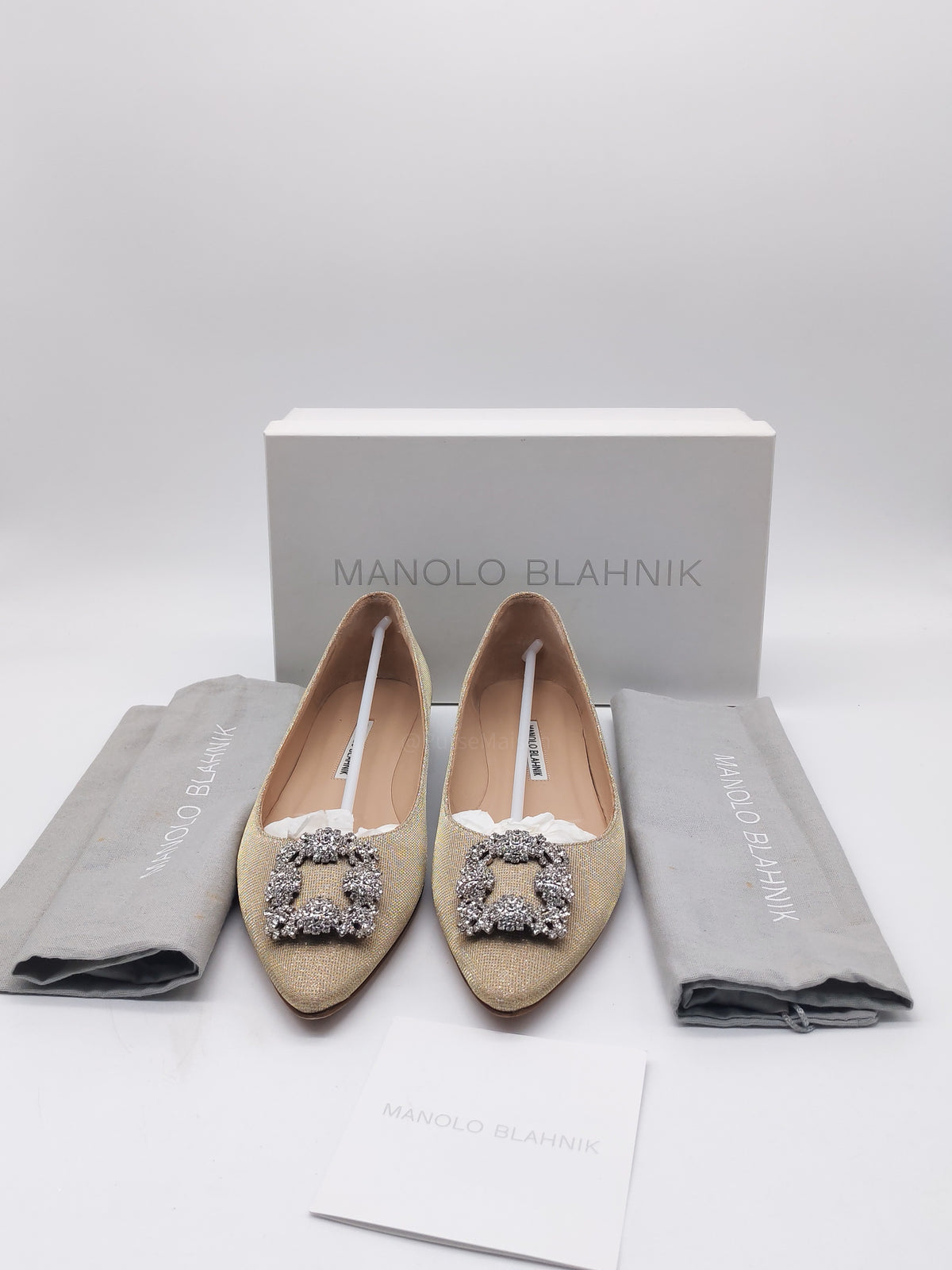 Manolo Blahnik Hangisi Flat Jewel Buckle Flat Pumps Satin in Champagne Size 40.5 EU (27.5 cm)