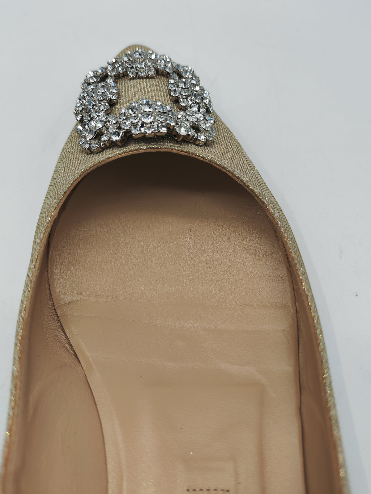 Manolo Blahnik Hangisi Flat Jewel Buckle Flat Pumps Satin in Champagne Size 40.5 EU (27.5 cm)