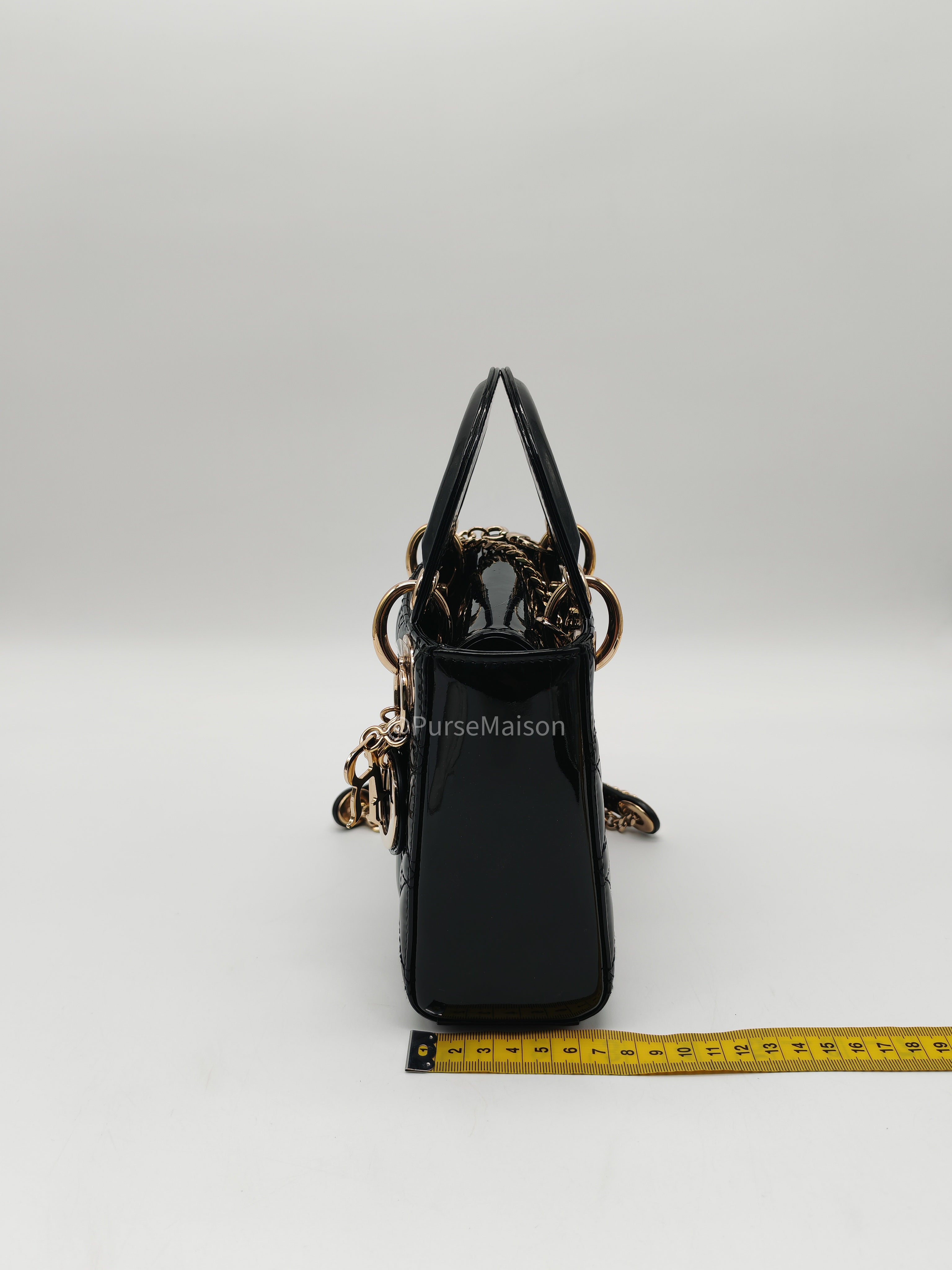 Christian Dior Lady Dior Mini Bag in Black Patent Leather Light Gold Hardware