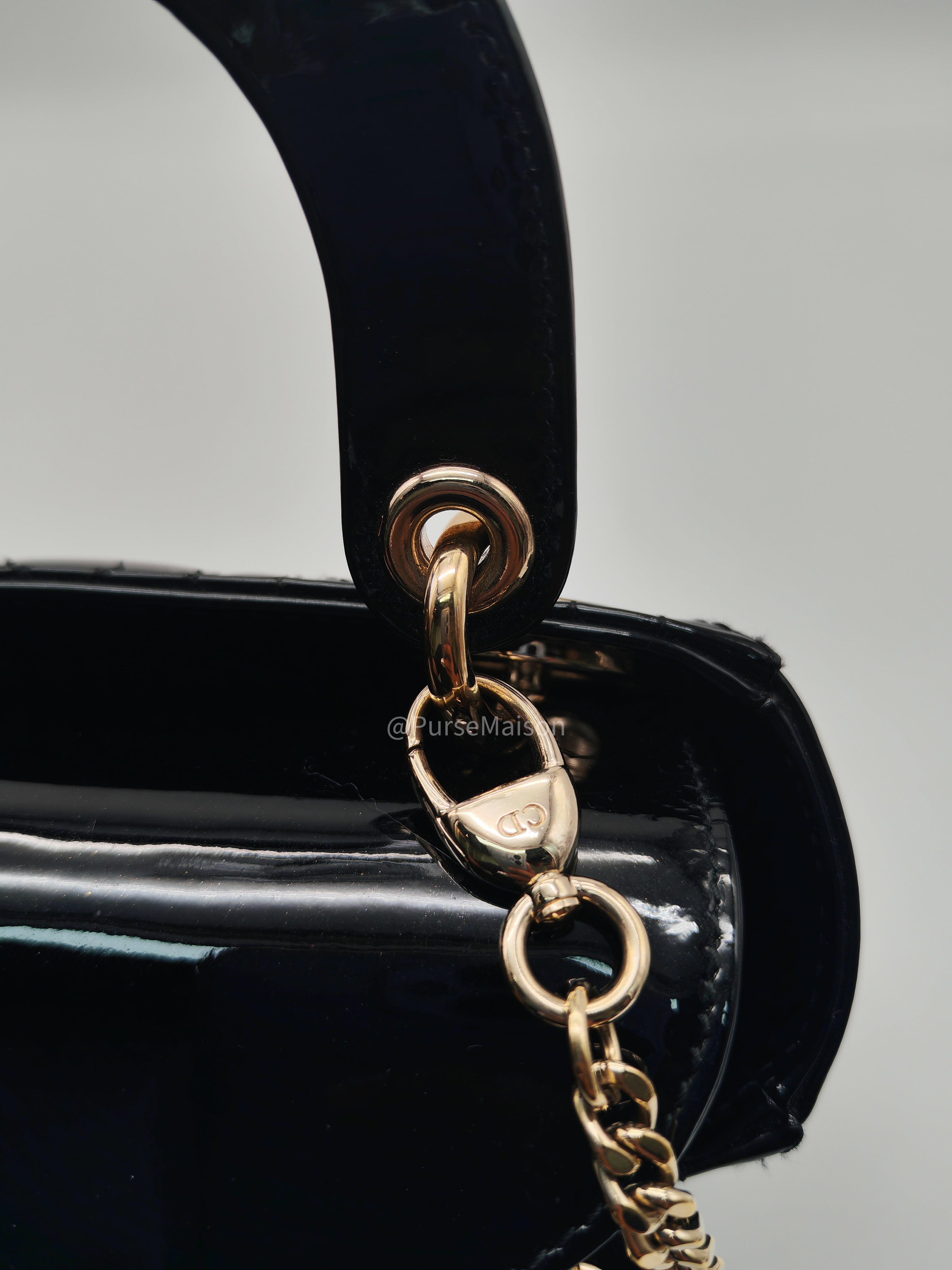 Christian Dior Lady Dior Mini Bag in Black Patent Leather Light Gold Hardware