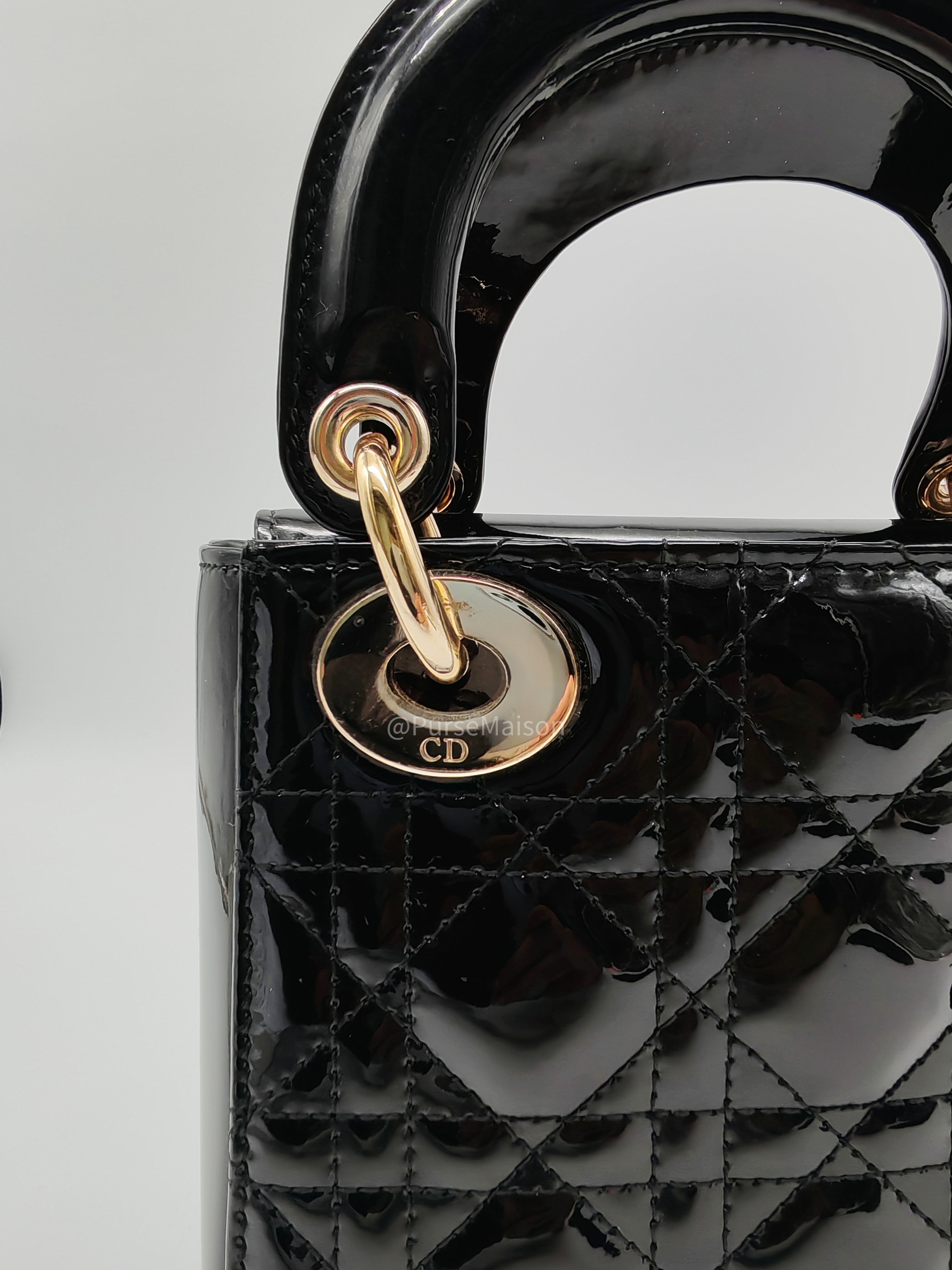 Christian Dior Lady Dior Mini Bag in Black Patent Leather Light Gold Hardware