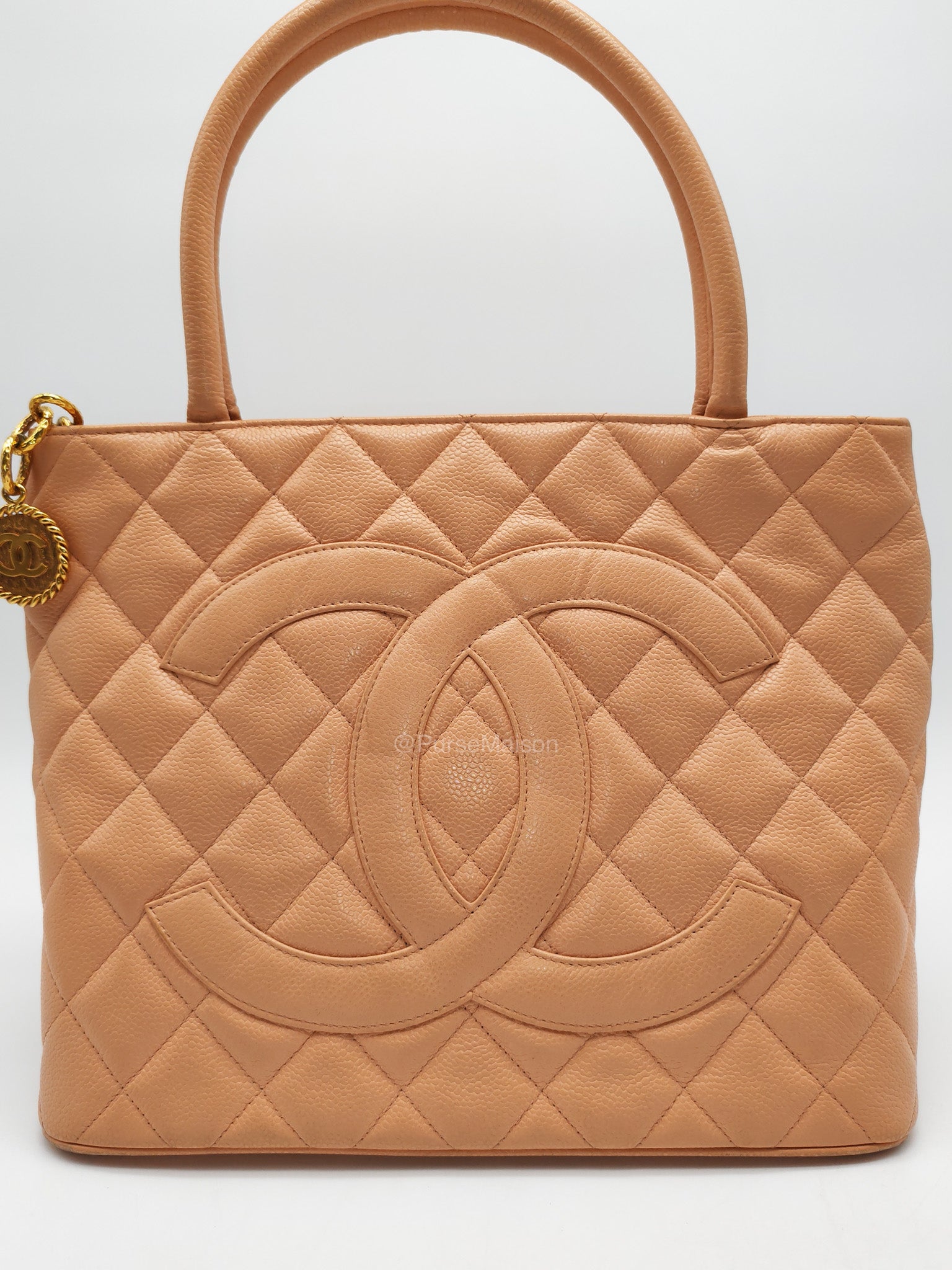 Chanel Vintage Medallion Tote Bag in Peach Caviar Leather Gold Hardware (Series 8)
