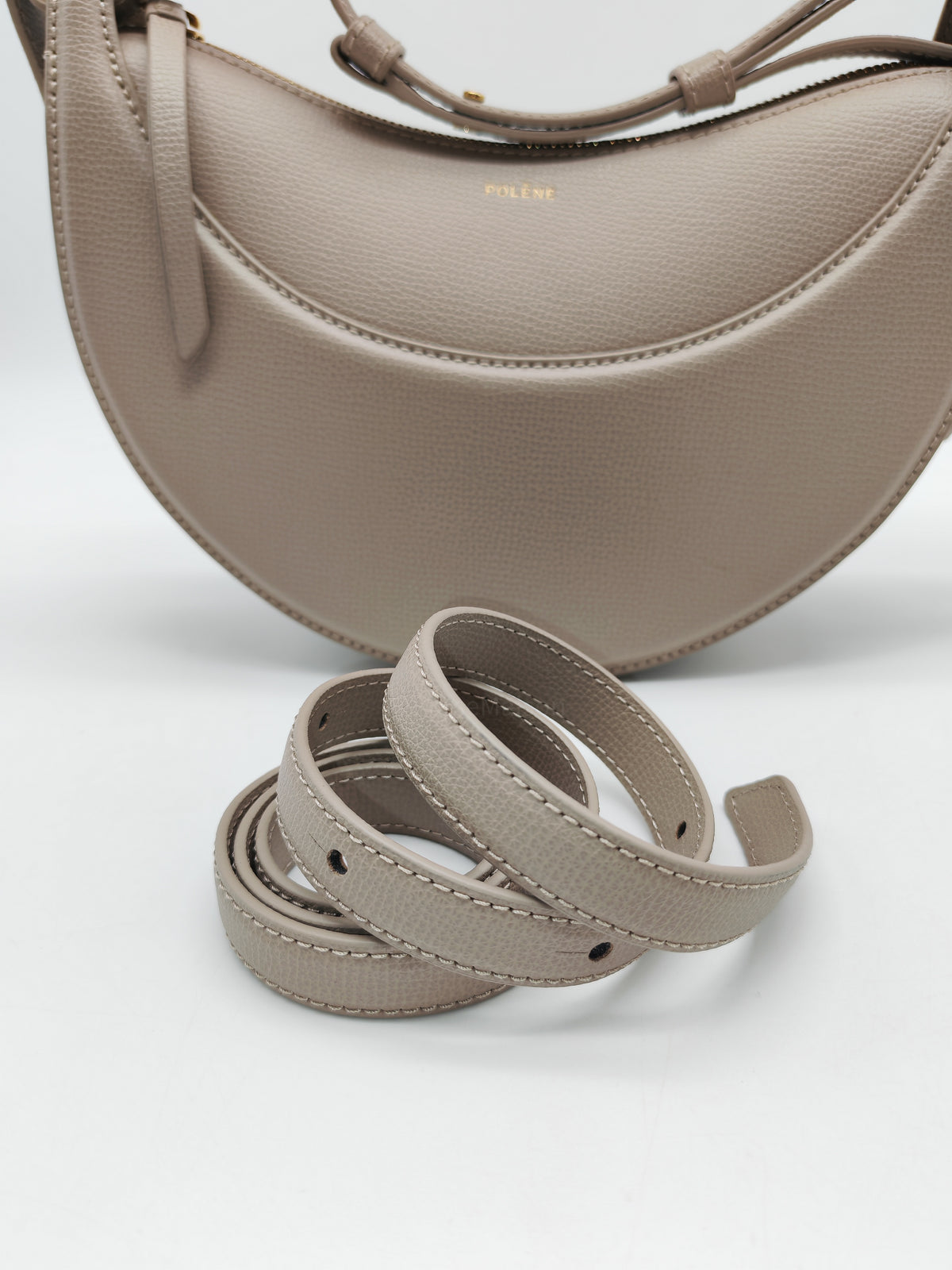 Polene Numero Dix Crossbody Bag in Textured Taupe Grained Calfskin Leather and Gold Hardware