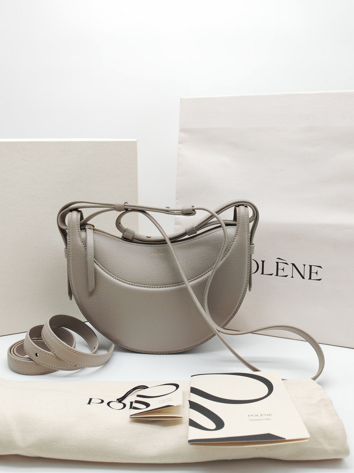 Polene Numero Dix Crossbody Bag in Textured Taupe Grained Calfskin Leather and Gold Hardware