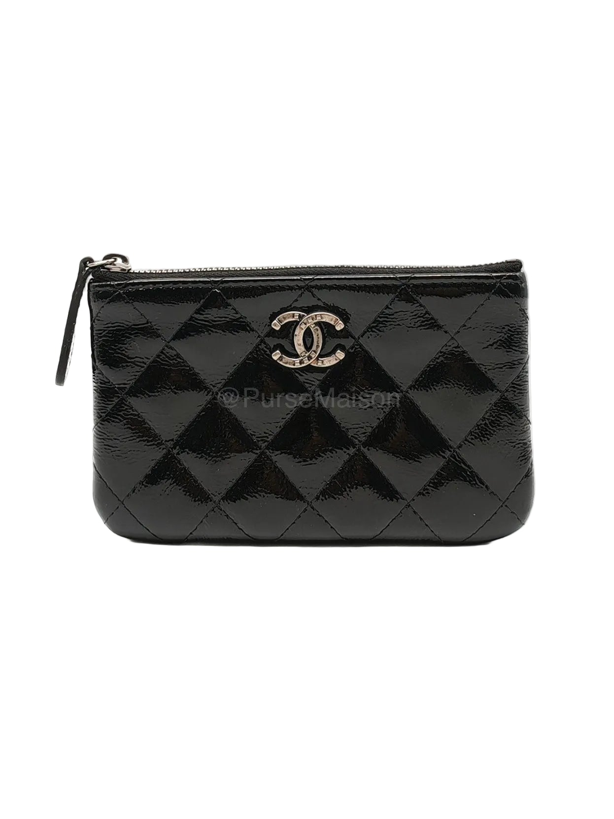 Chanel Mini O-case Coin Purse in Black Quilted Patent Leather Ruthenium Hardware Series 19