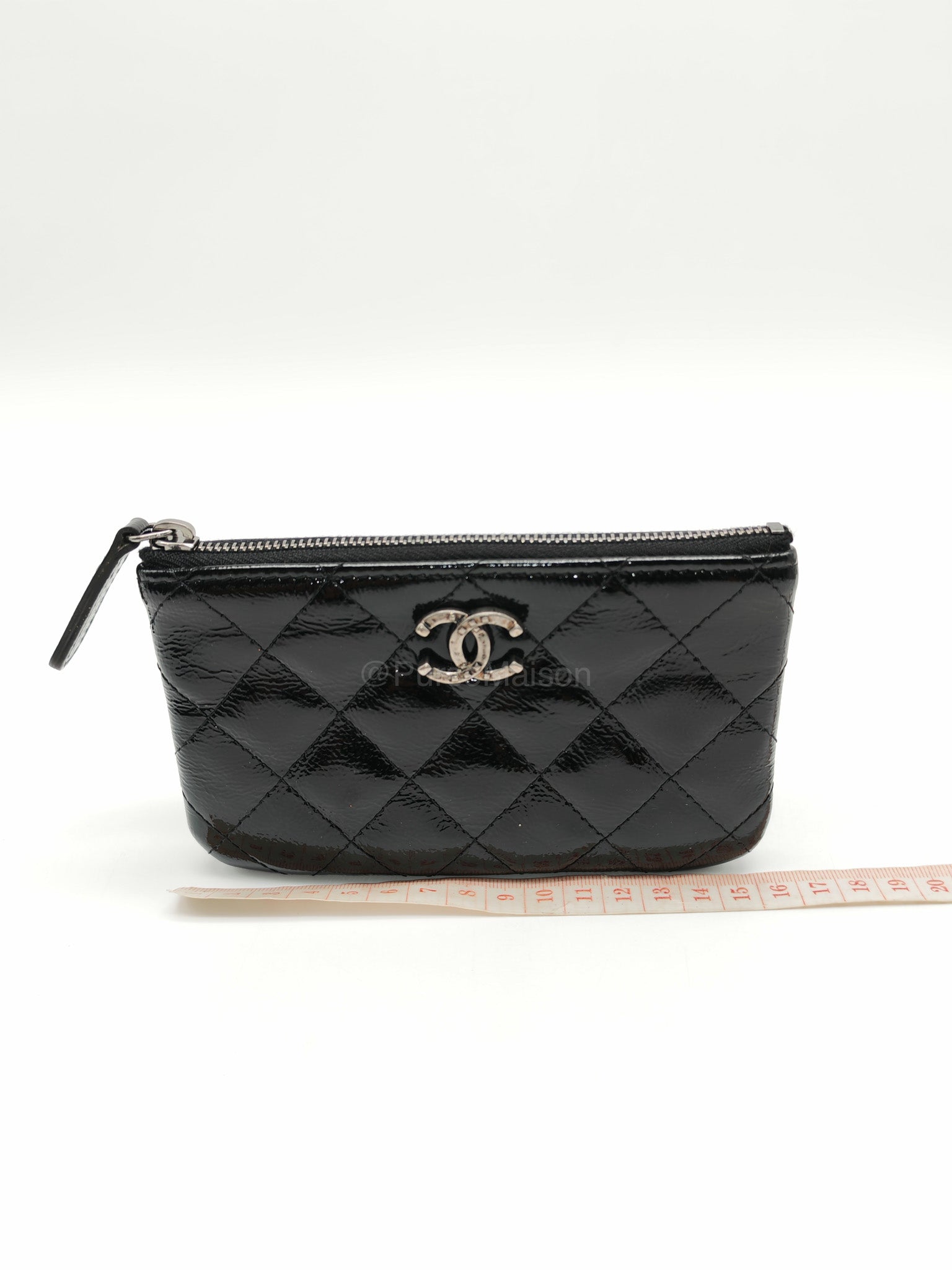 Chanel Mini O-case Coin Purse in Black Quilted Patent Leather Ruthenium Hardware Series 19