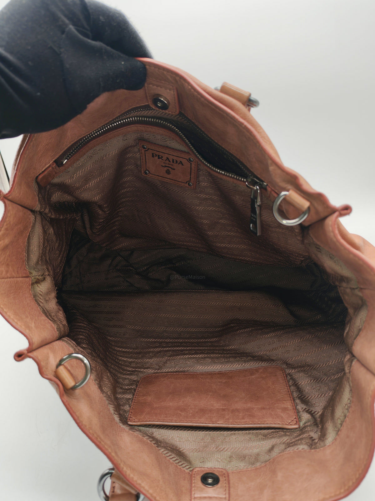Prada Vitello Shine 2-way Tote Bag in Tan Vitello Daino Leather and Silver Hardware