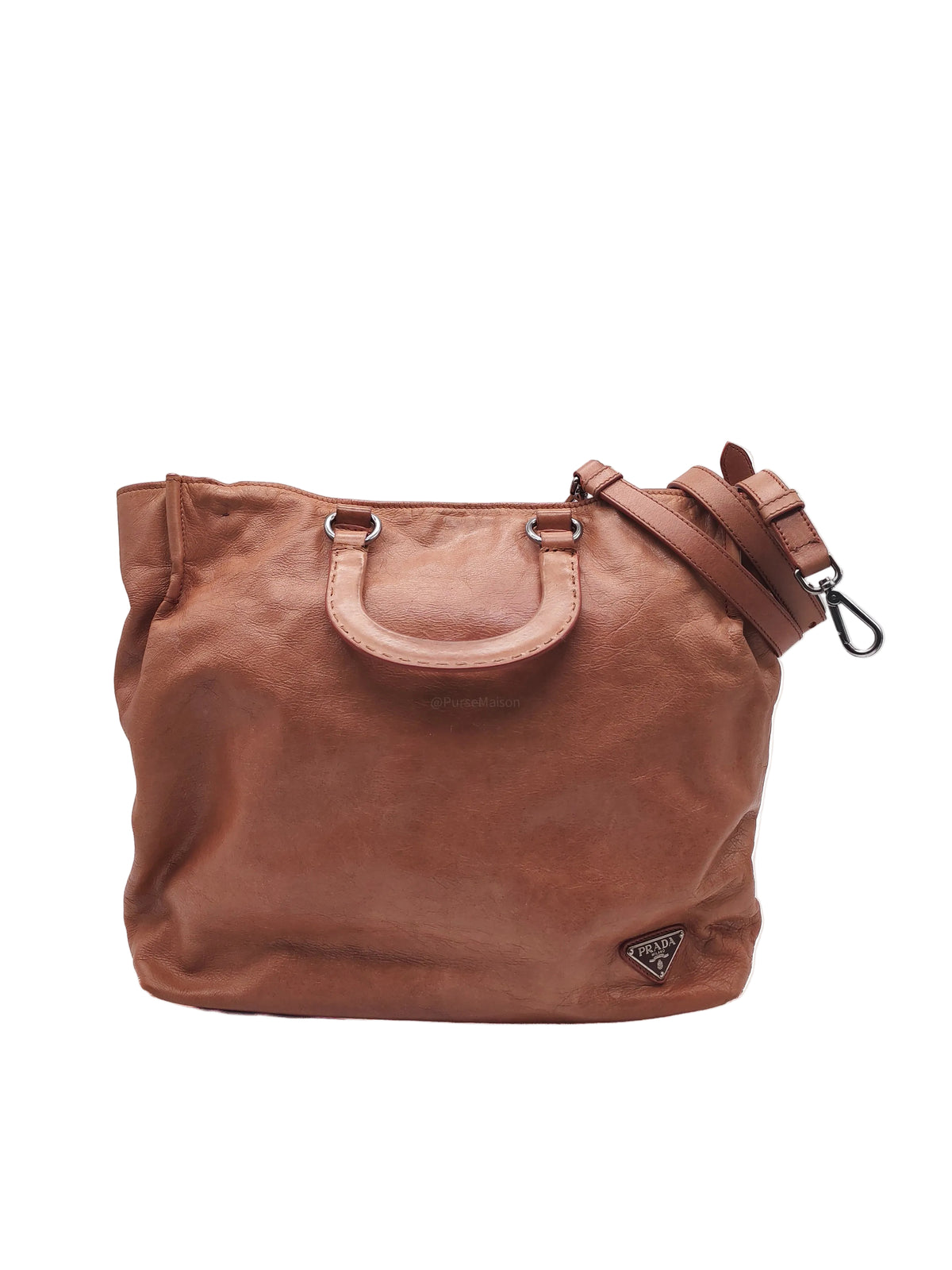 Prada Vitello Shine 2-way Tote Bag in Tan Vitello Daino Leather and Silver Hardware