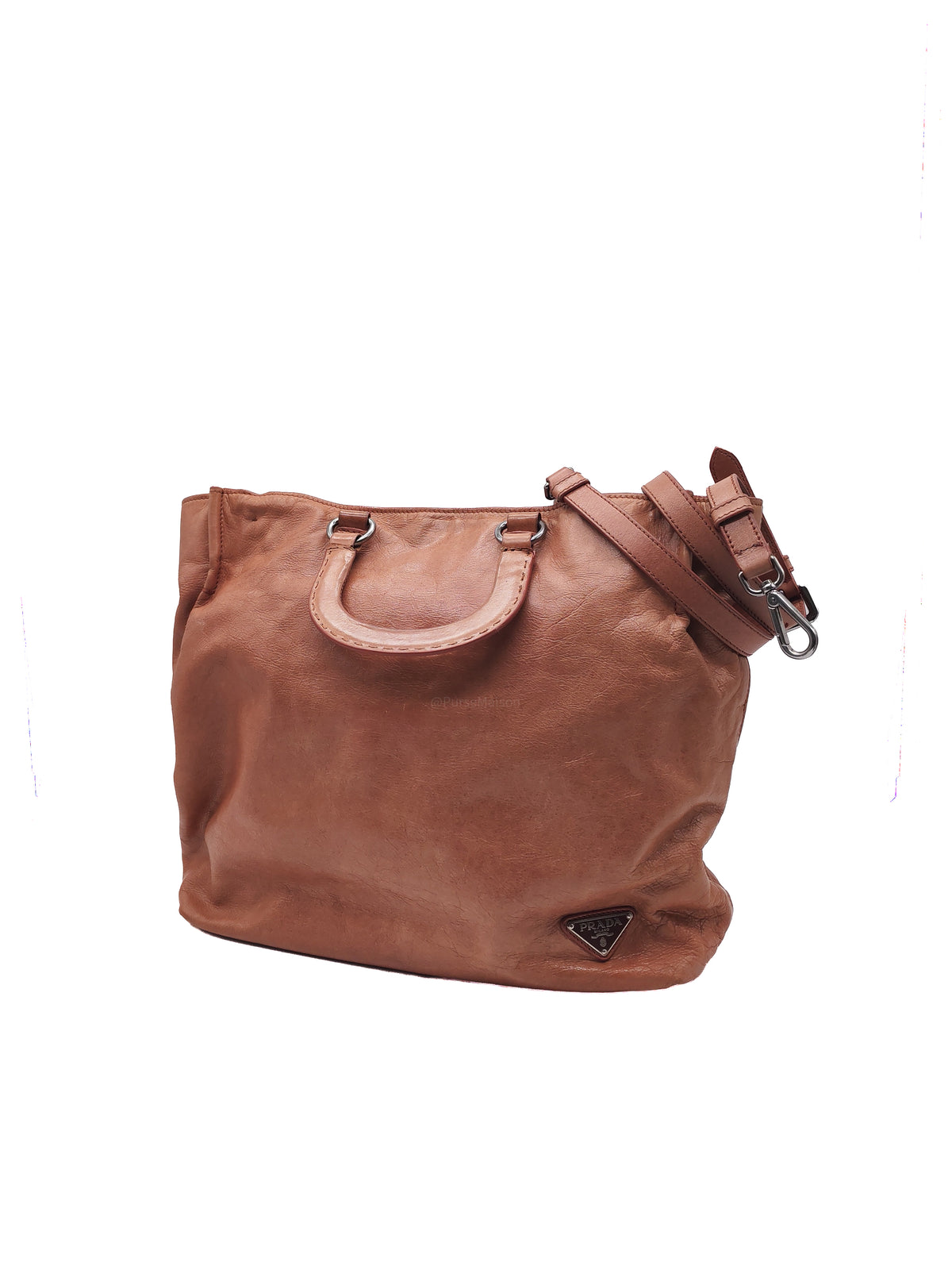 Prada Vitello Shine 2-way Tote Bag in Tan Vitello Daino Leather and Silver Hardware