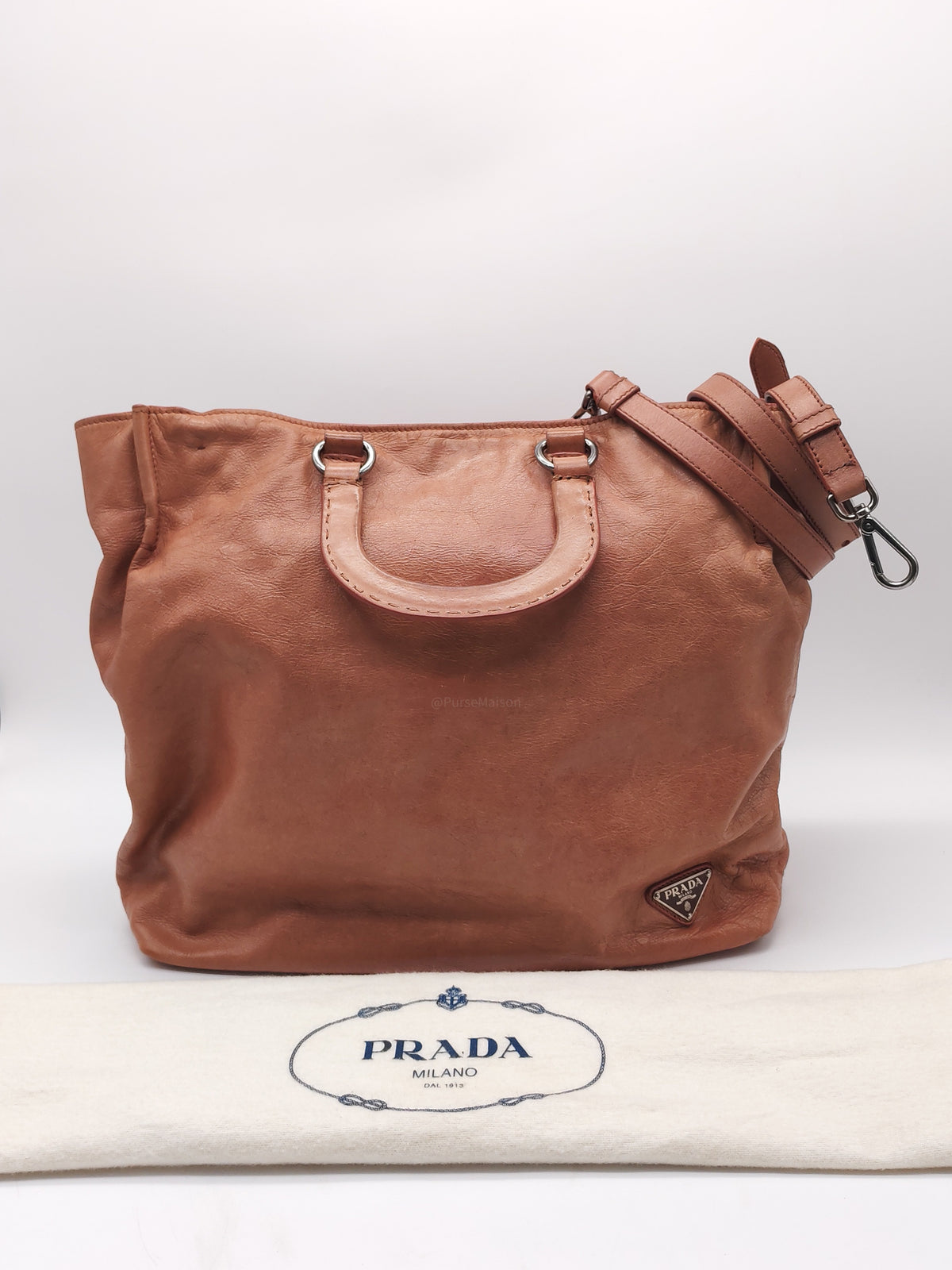 Prada Vitello Shine 2-way Tote Bag in Tan Vitello Daino Leather and Silver Hardware