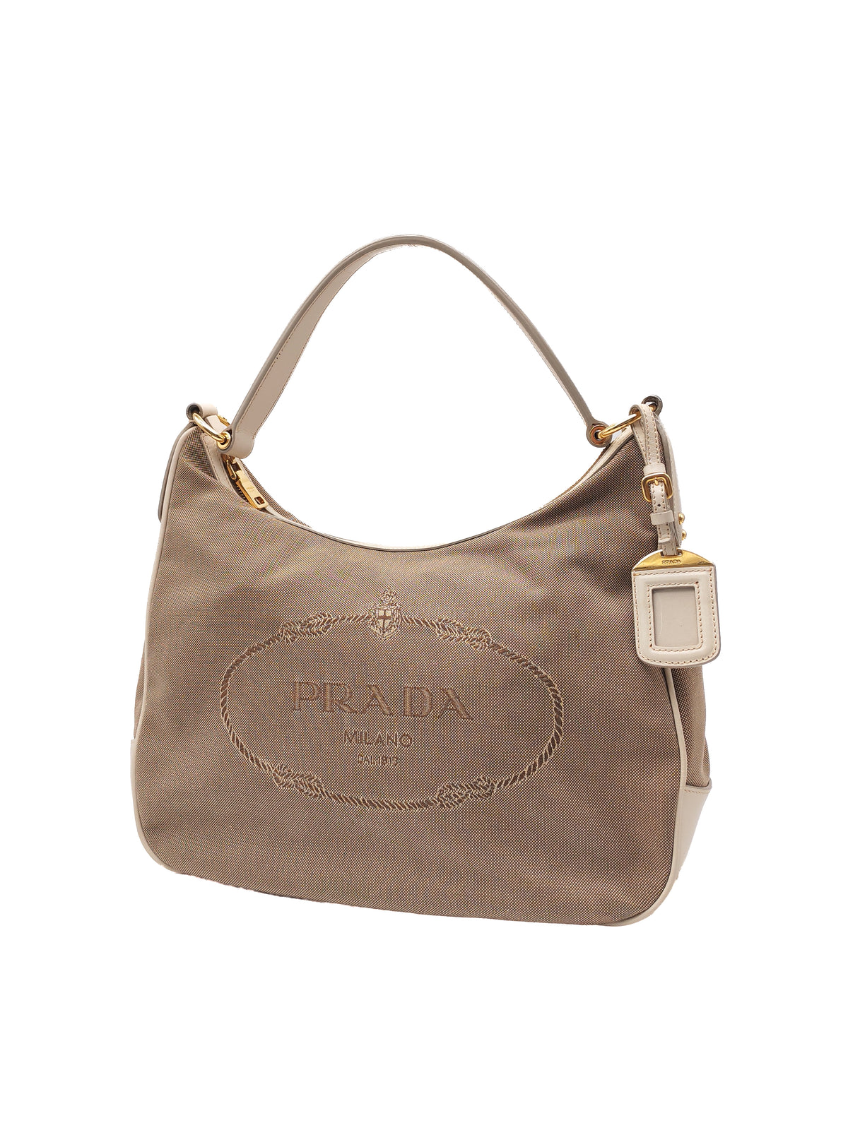 Prada Logo Jacquard Canvas Hobo Bag in Slouchy Brown Monogram Canvas and Gold Hardware