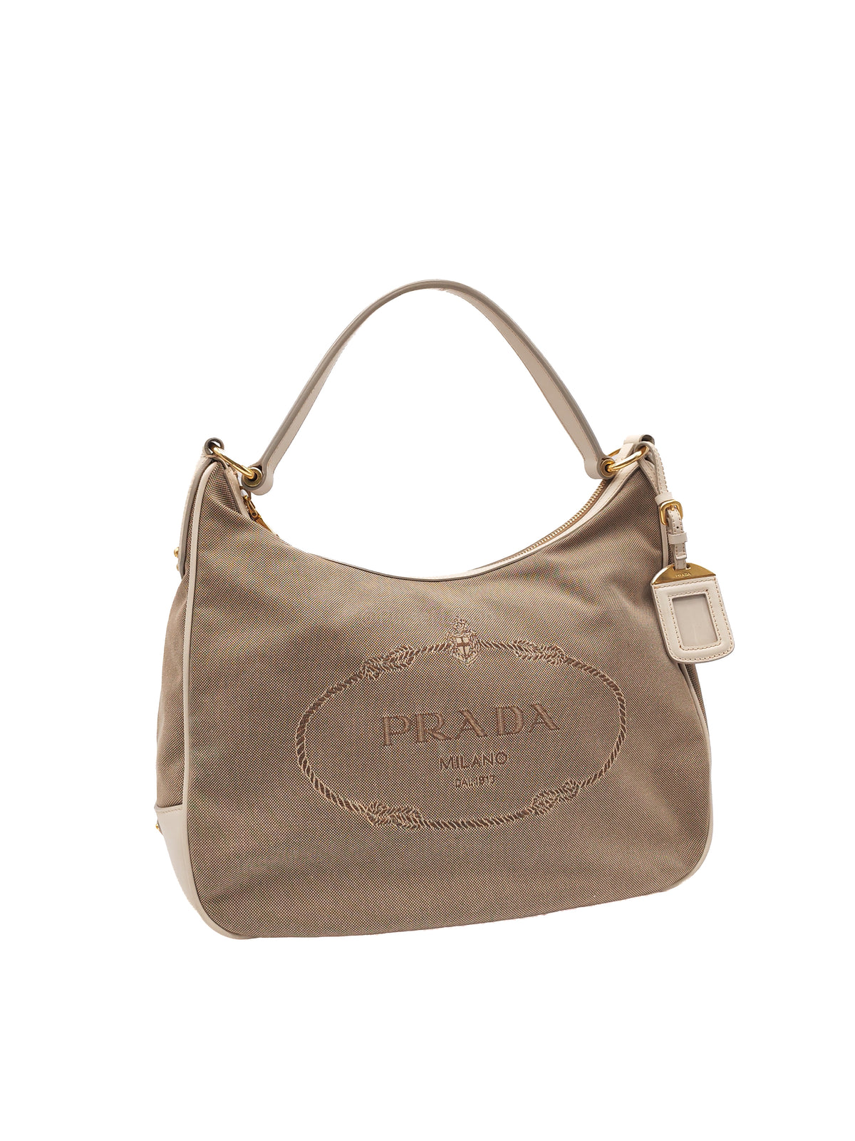 Prada Logo Jacquard Canvas Hobo Bag in Slouchy Brown Monogram Canvas and Gold Hardware
