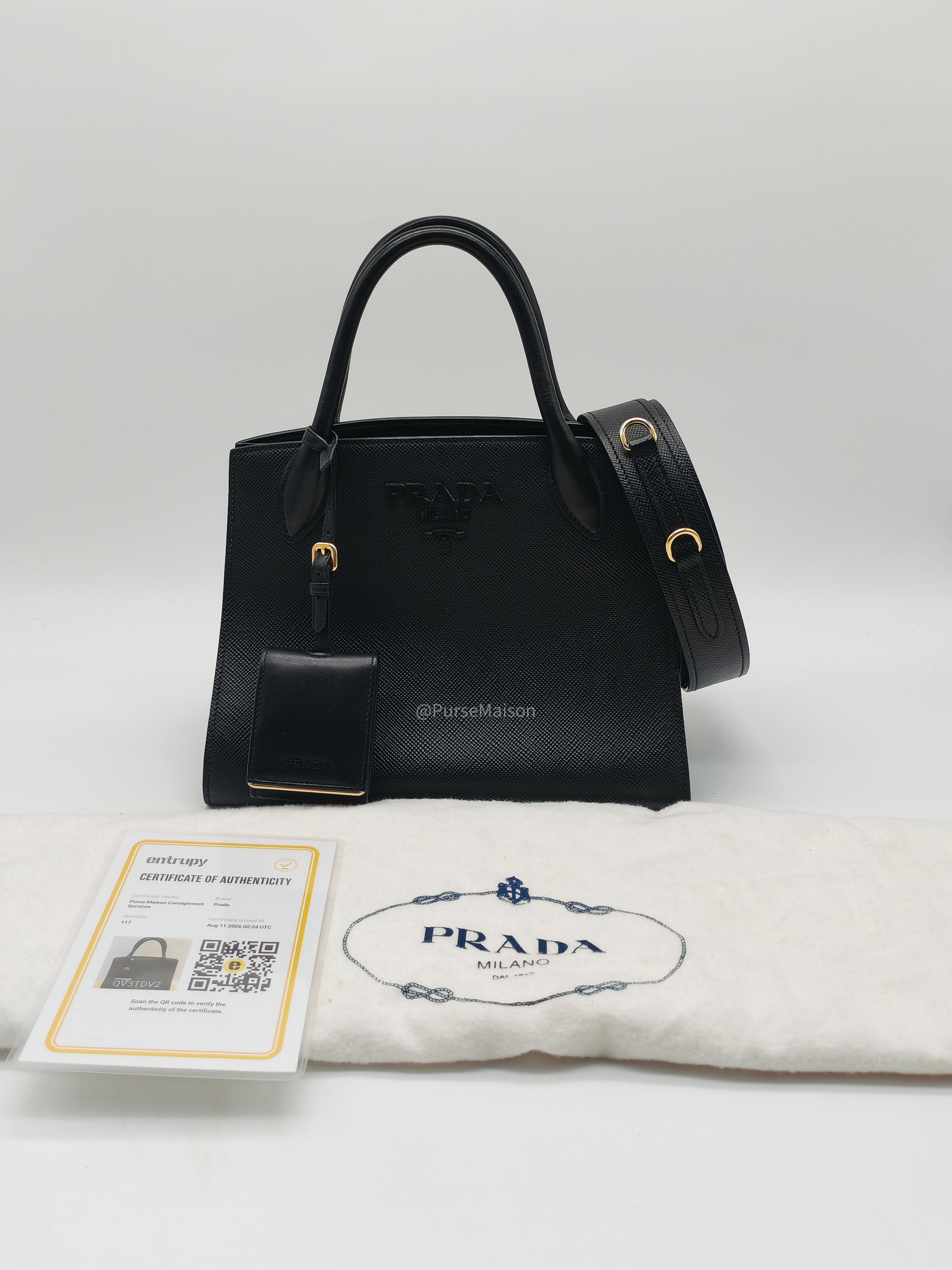 Prada Monochrome Tote Bag Small in Black Saffiano Cuir Calfskin Leather and Gold Hardware