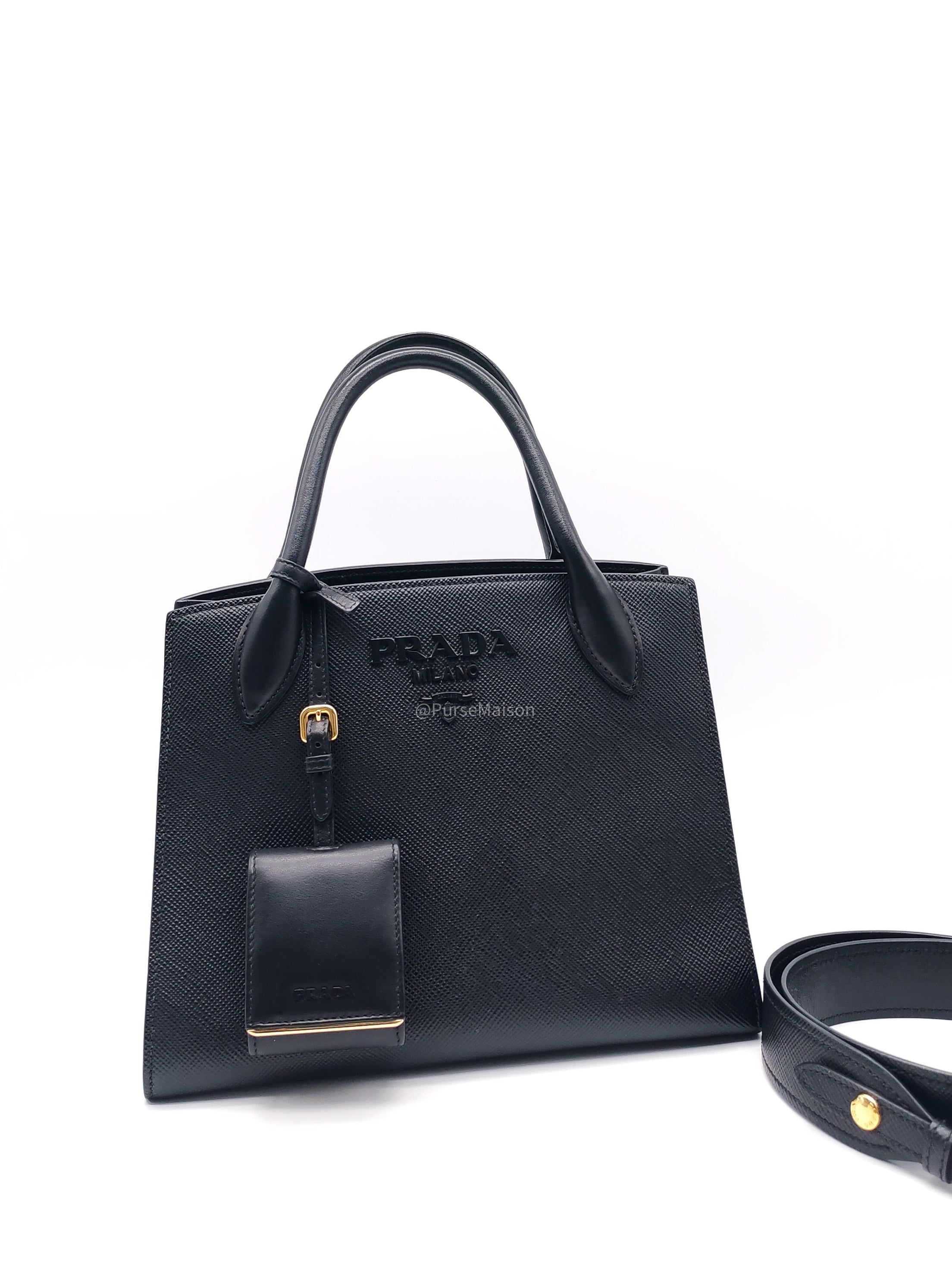 Prada Monochrome Tote Bag Small in Black Saffiano Cuir Calfskin Leather and Gold Hardware