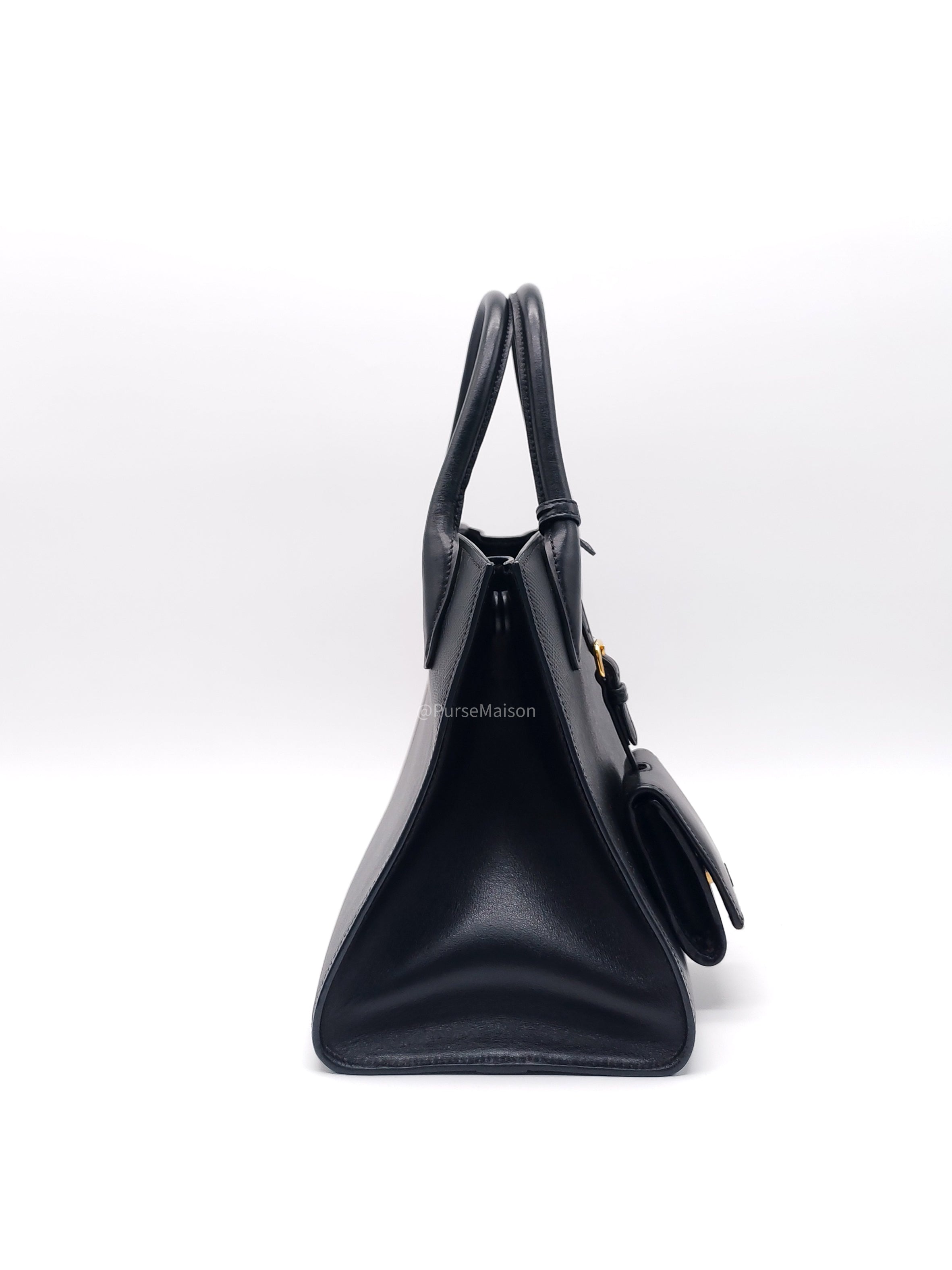 Prada Monochrome Tote Bag Small in Black Saffiano Cuir Calfskin Leather and Gold Hardware