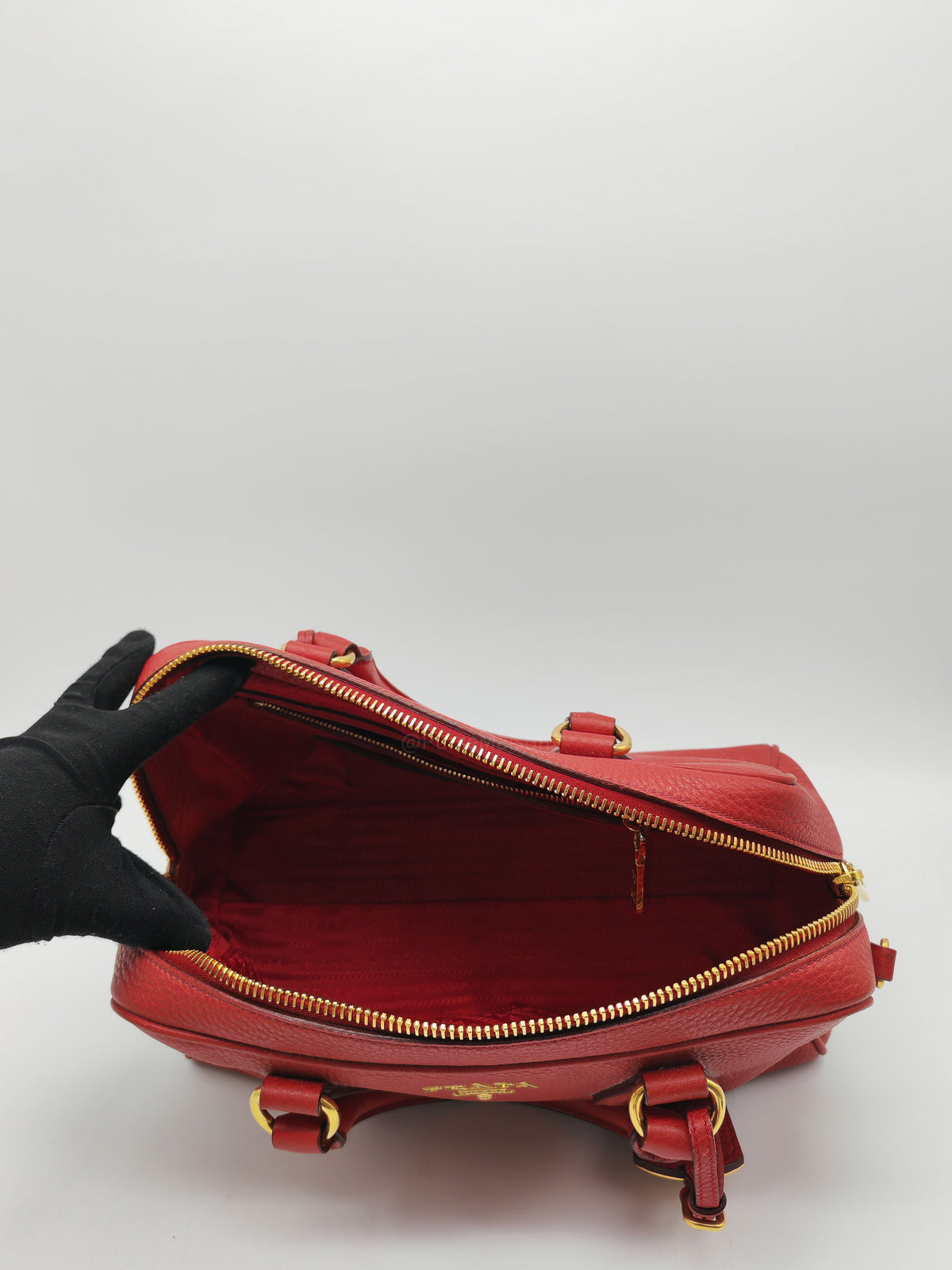 Prada Vitello Daino Bowling Bag in Red Bauletto Leather and Gold Hardware