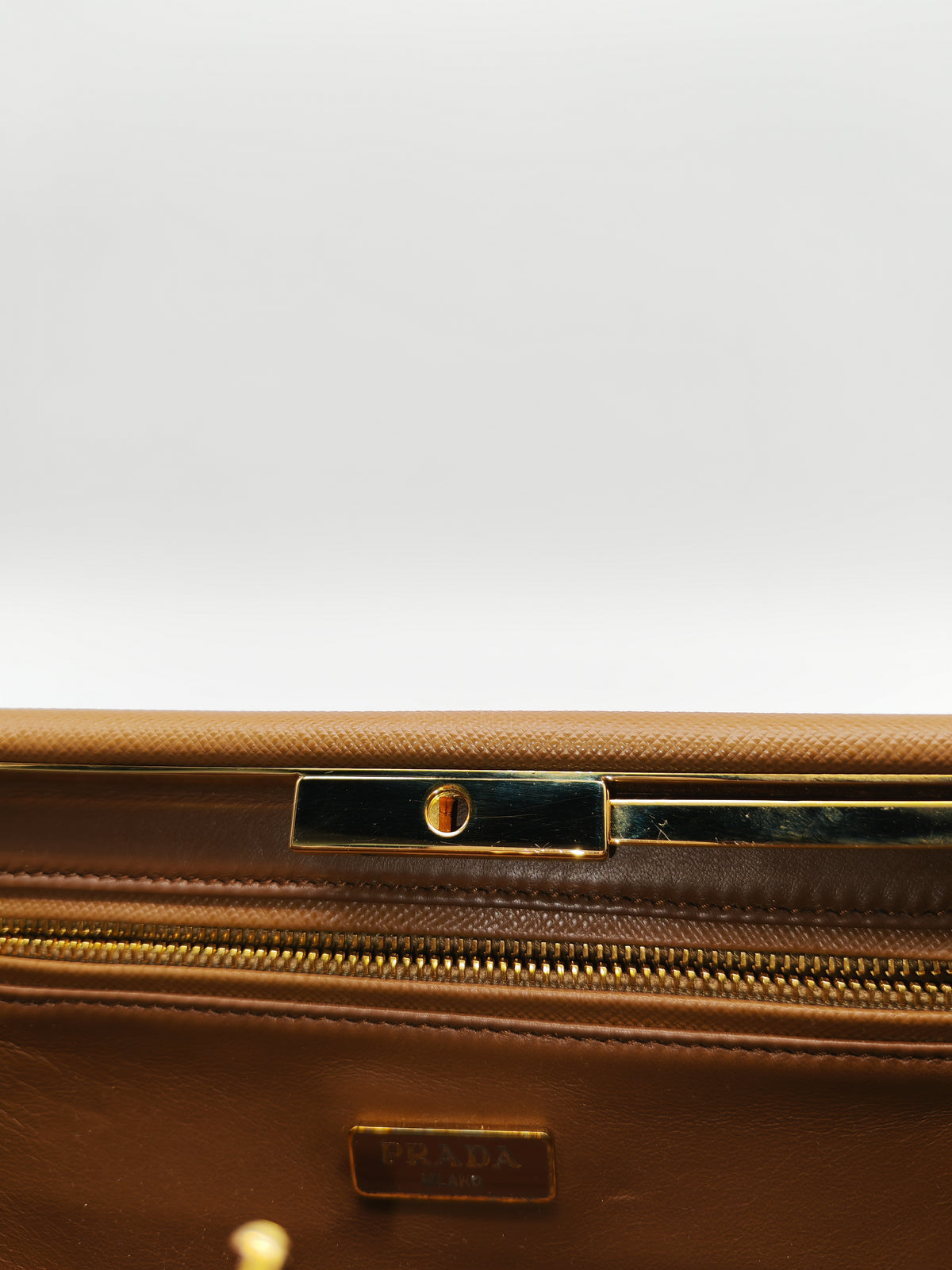 Prada Envelope Clutch in Brown Saffiano Leather and Gold Hardware