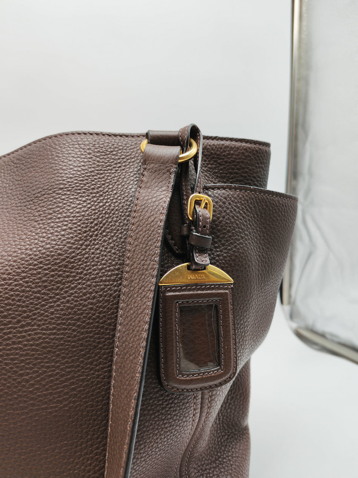 Prada BR4970 Marmo in Caffe Vitello Daino Leather Double-Pocket Tote Bag