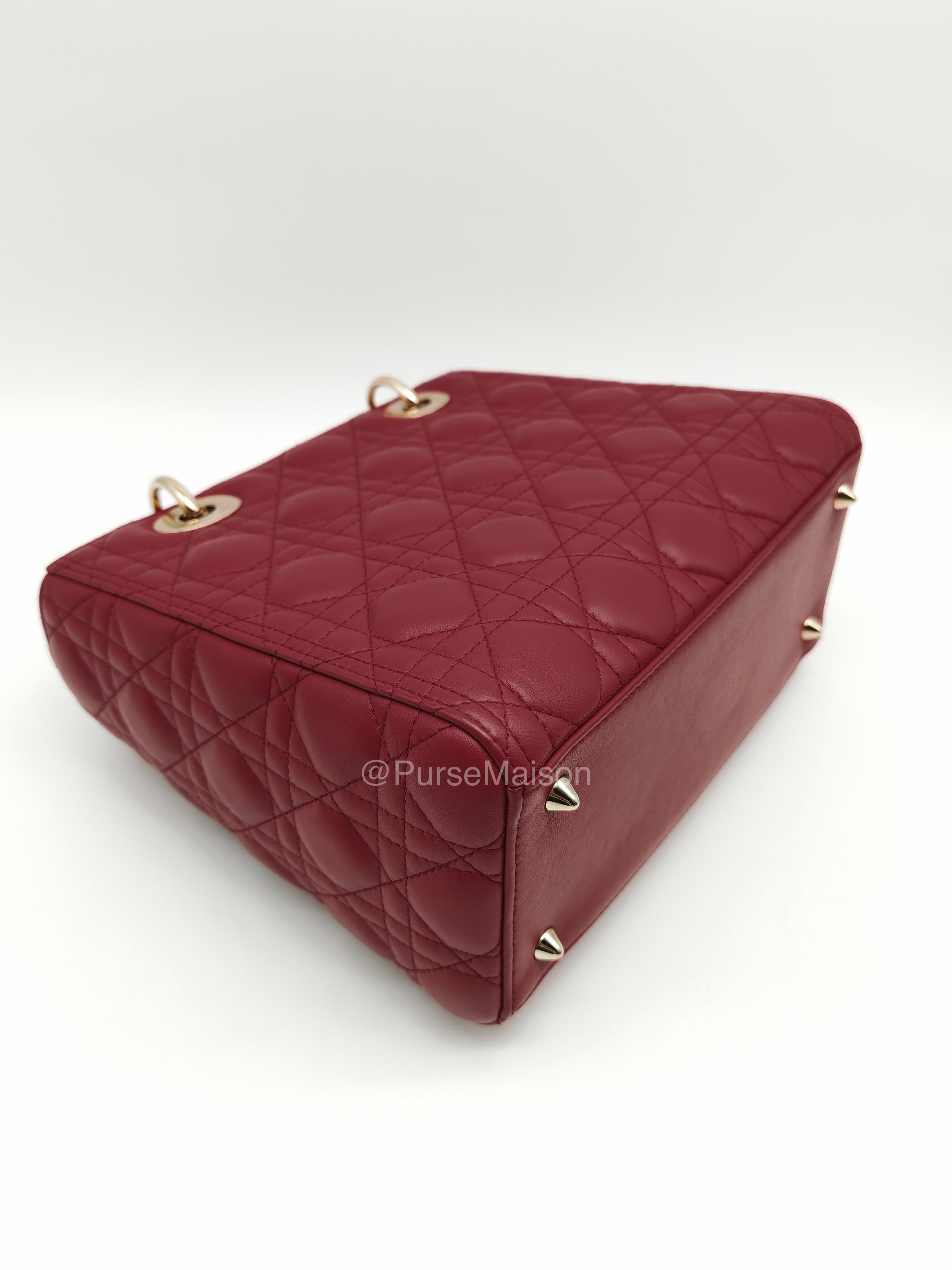 Christian Dior Lady Dior Medium in Dark Red Cannage Quilted Lambskin Leather and Light Gold Hardware