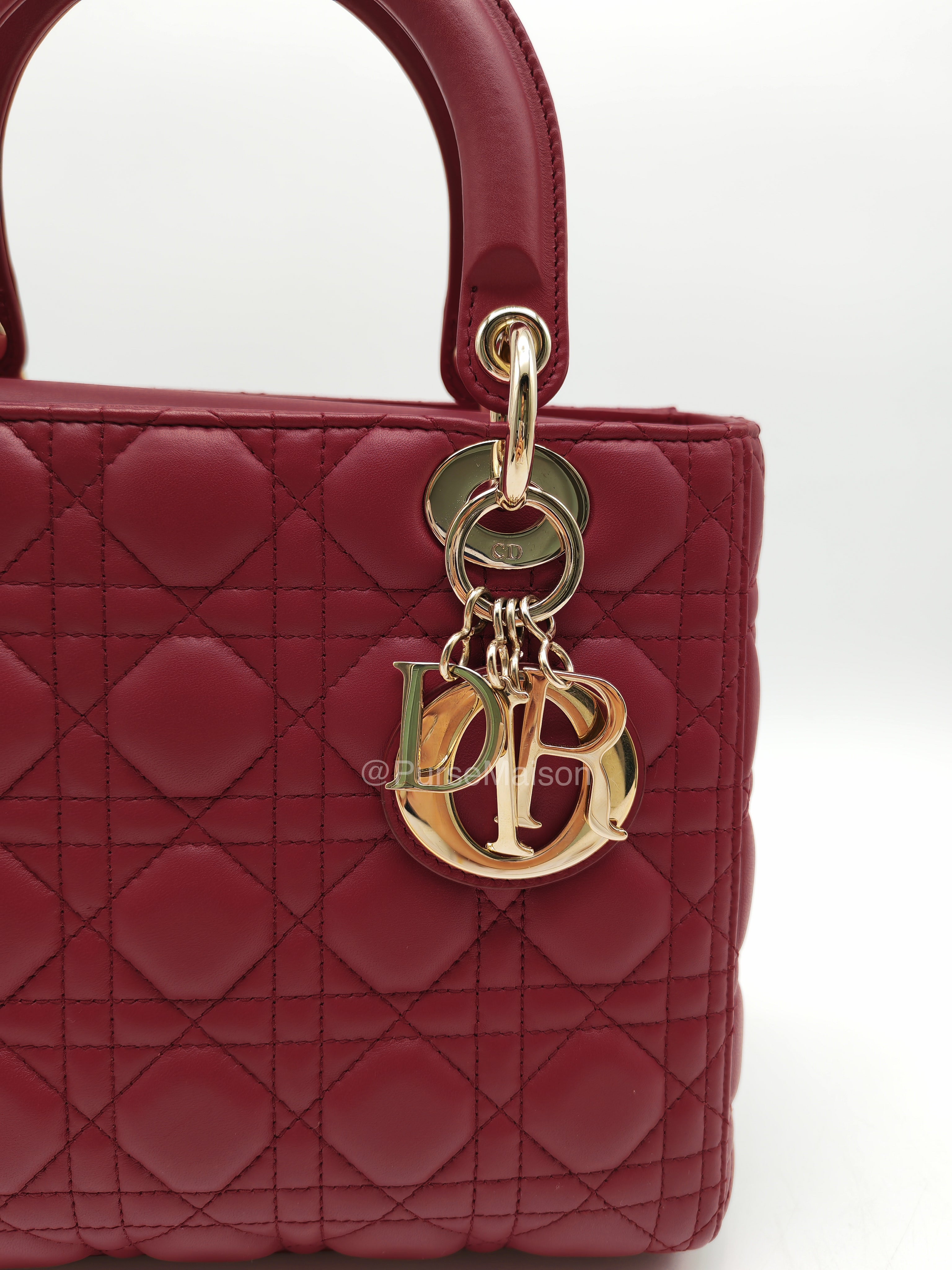 Christian Dior Lady Dior Medium in Dark Red Cannage Quilted Lambskin Leather and Light Gold Hardware