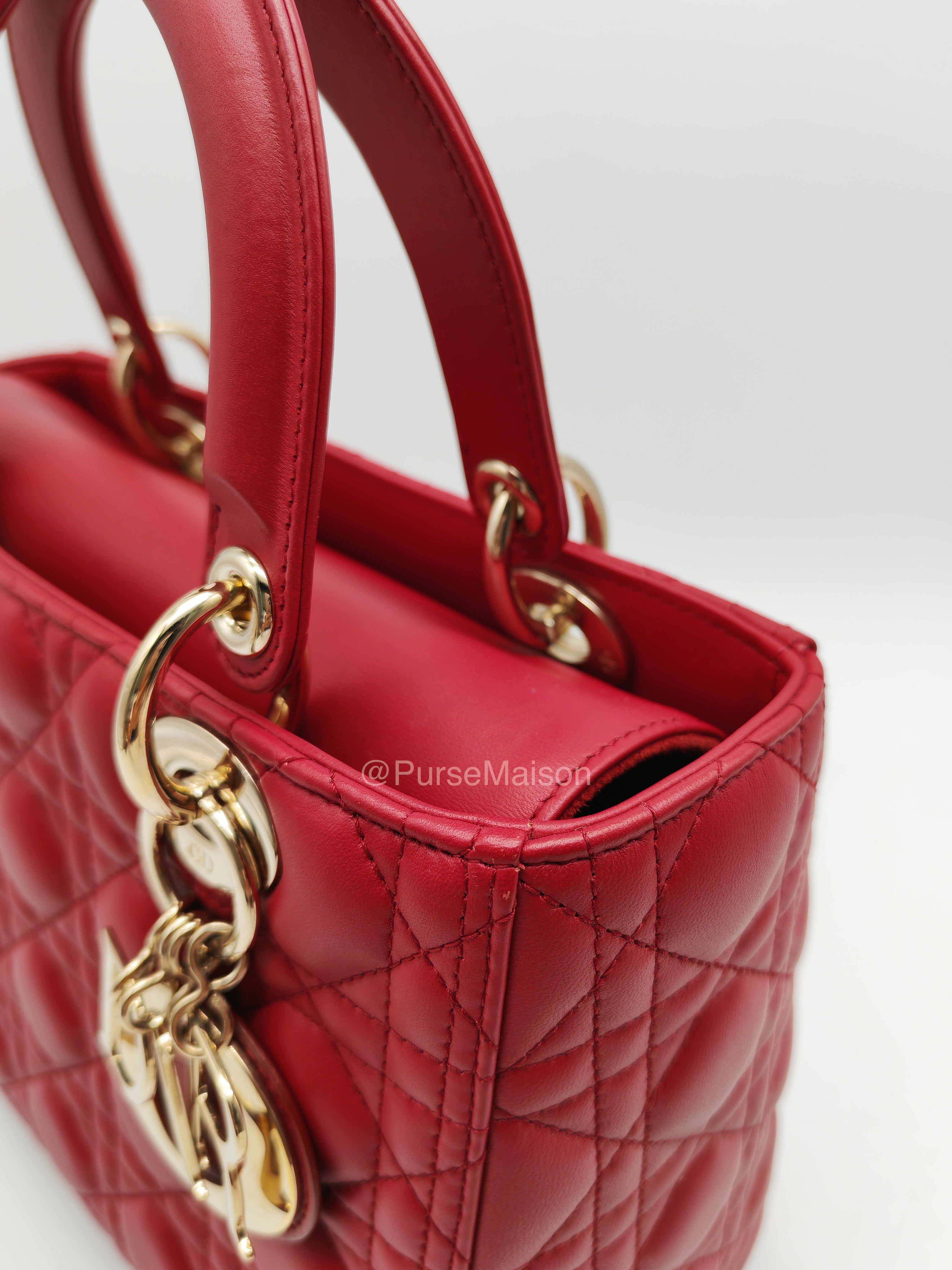 Christian Dior Lady Dior Medium in Dark Red Cannage Quilted Lambskin Leather and Light Gold Hardware