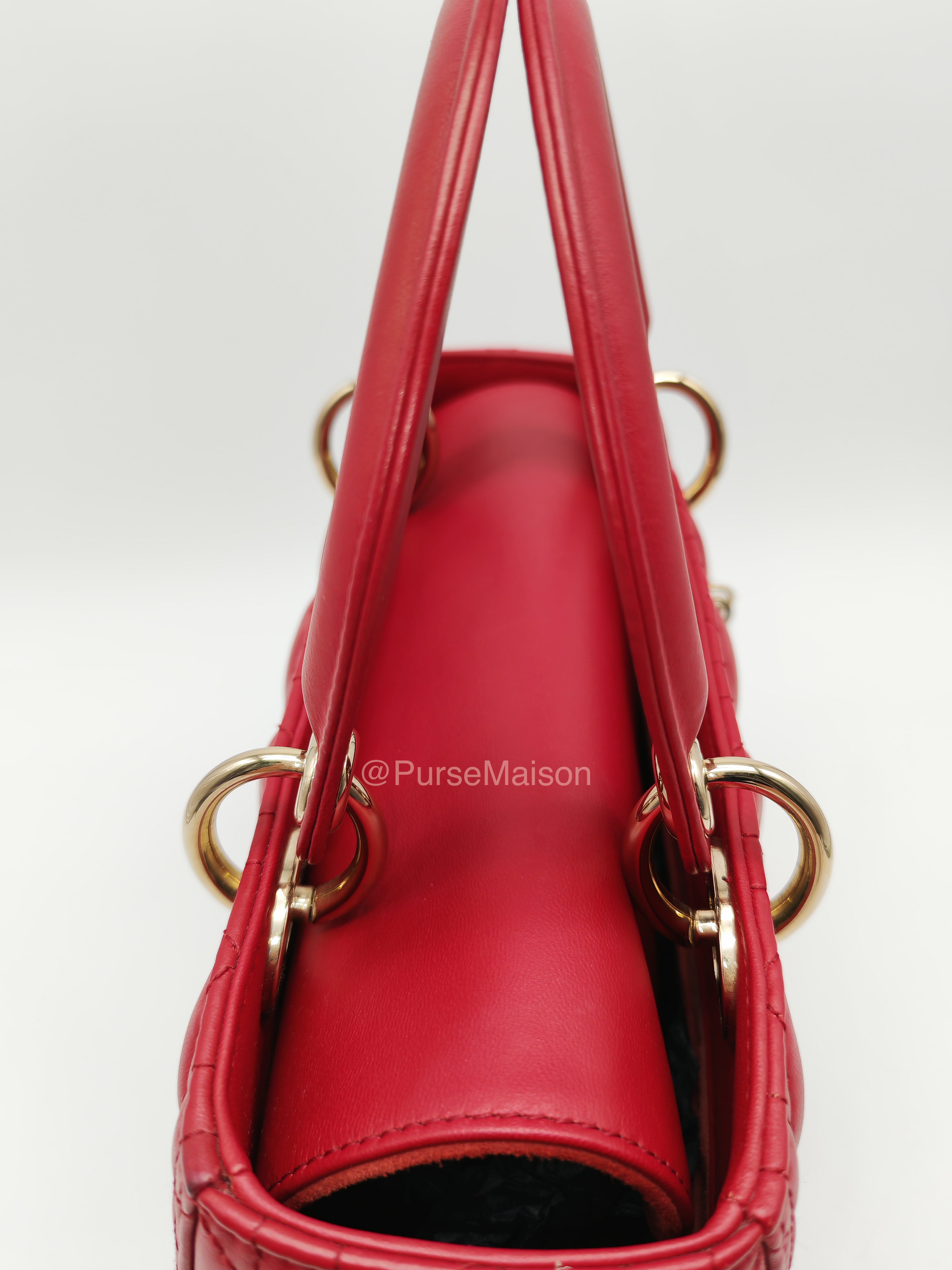 Christian Dior Lady Dior Medium in Dark Red Cannage Quilted Lambskin Leather and Light Gold Hardware