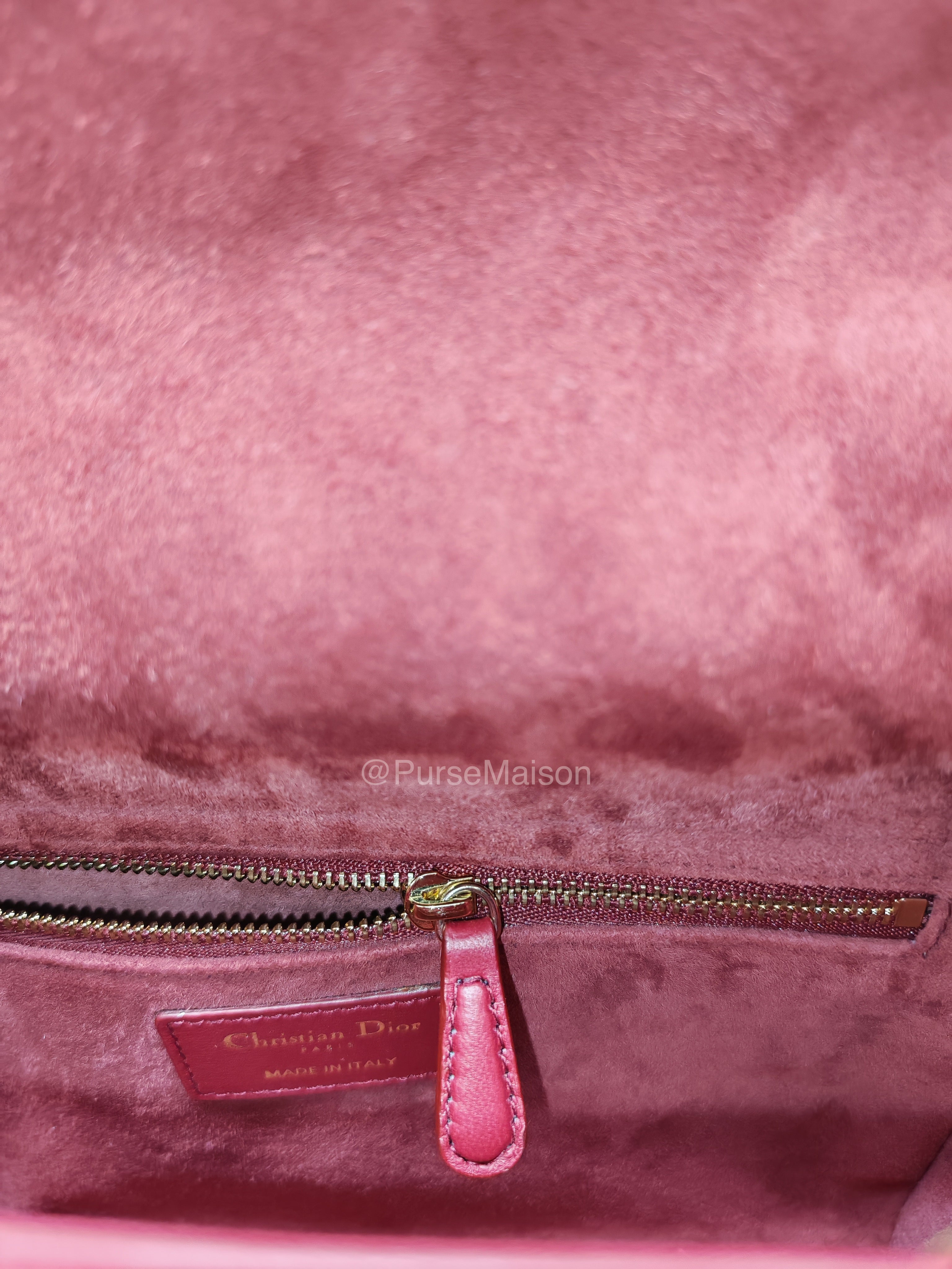 Christian Dior Lady Dior Medium in Dark Red Cannage Quilted Lambskin Leather and Light Gold Hardware