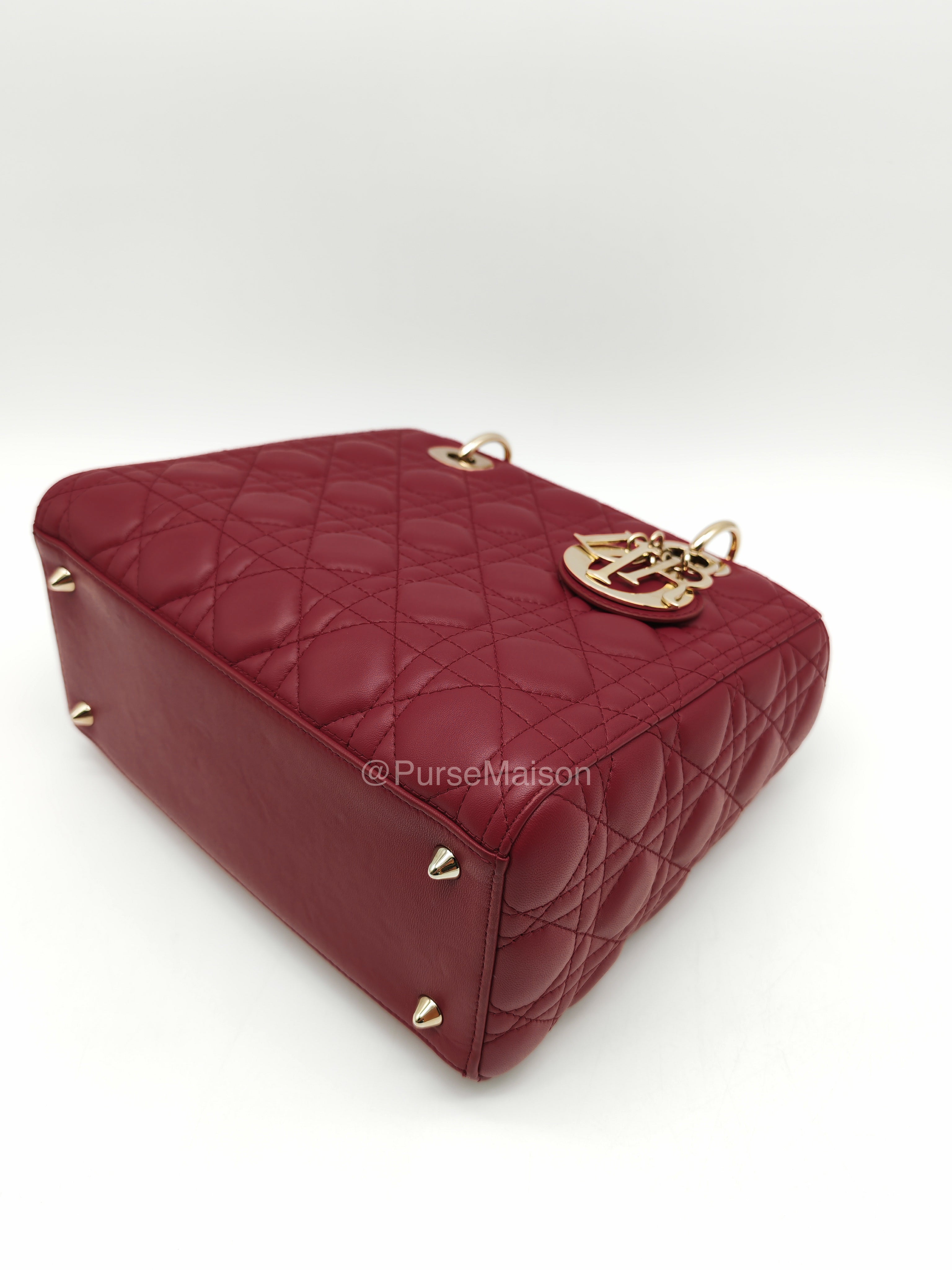 Christian Dior Lady Dior Medium in Dark Red Cannage Quilted Lambskin Leather and Light Gold Hardware