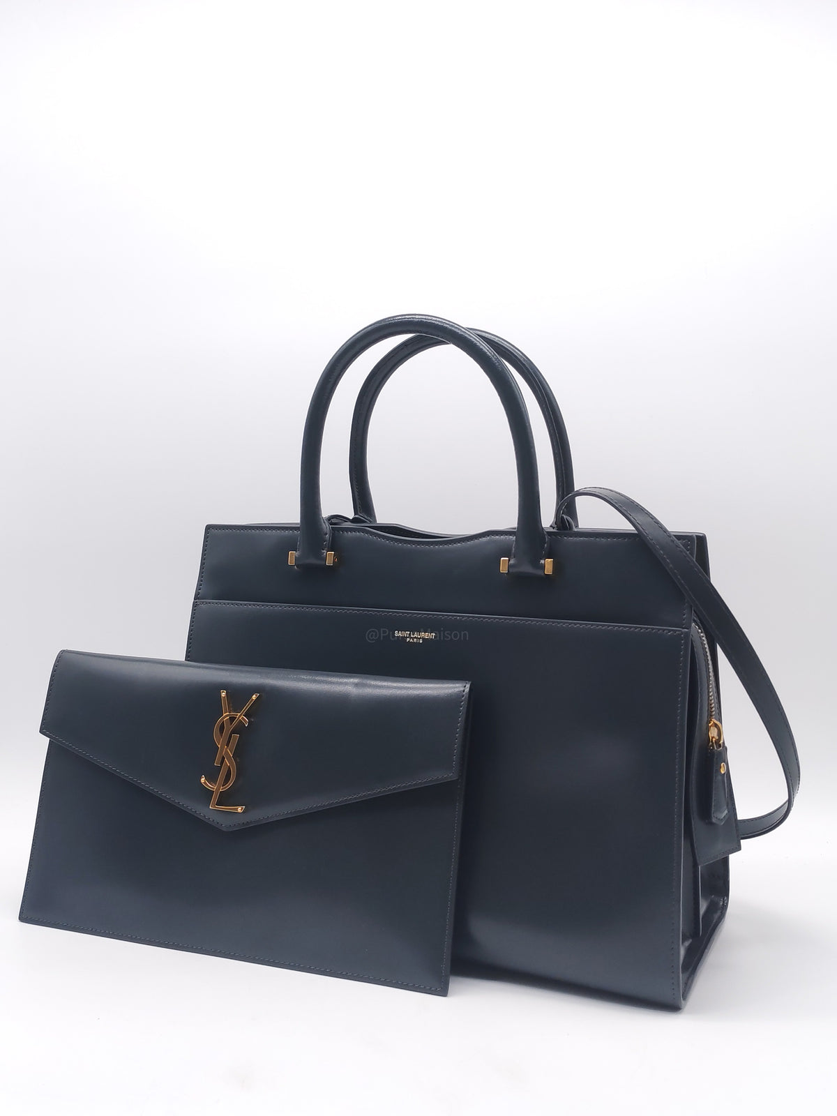 Yves Saint Laurent Uptown Tote Bag in Charcoal Calfskin Leather and Gold Hardware