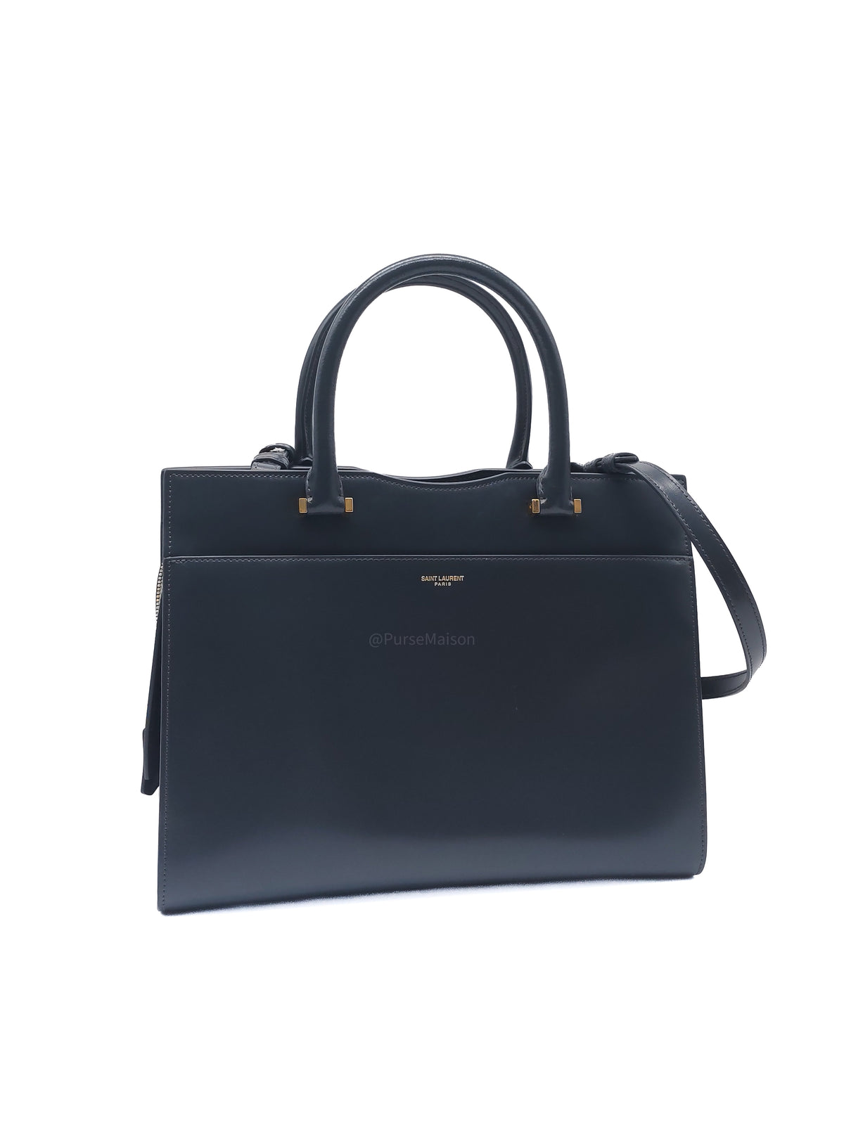Yves Saint Laurent Uptown Tote Bag in Charcoal Calfskin Leather and Gold Hardware