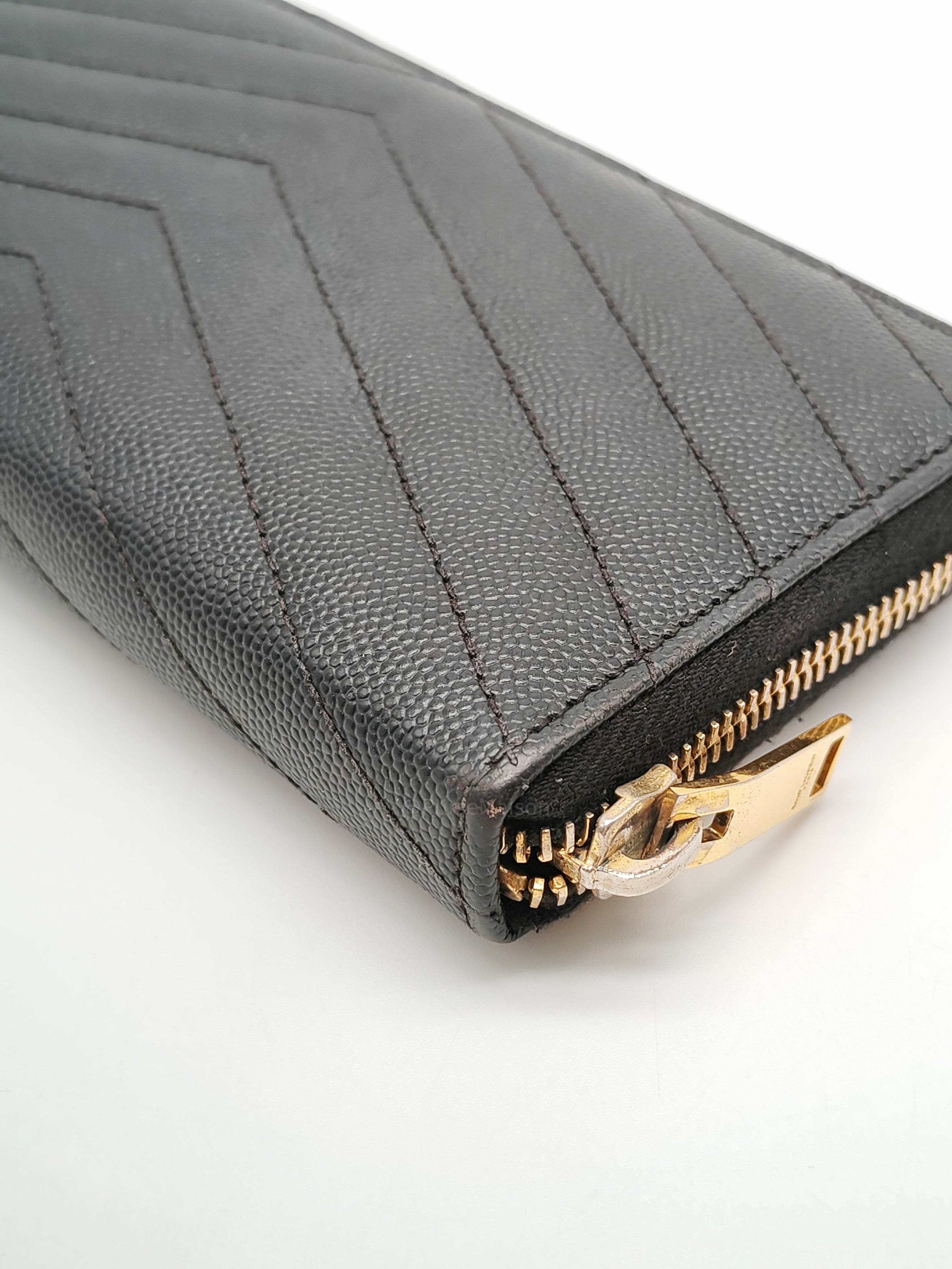 Yves Saint Laurent Cassandre Zip-Around Wallet in Black Chevron Quilted Matelasse Grained de Poudre Leather and Gold Hardware
