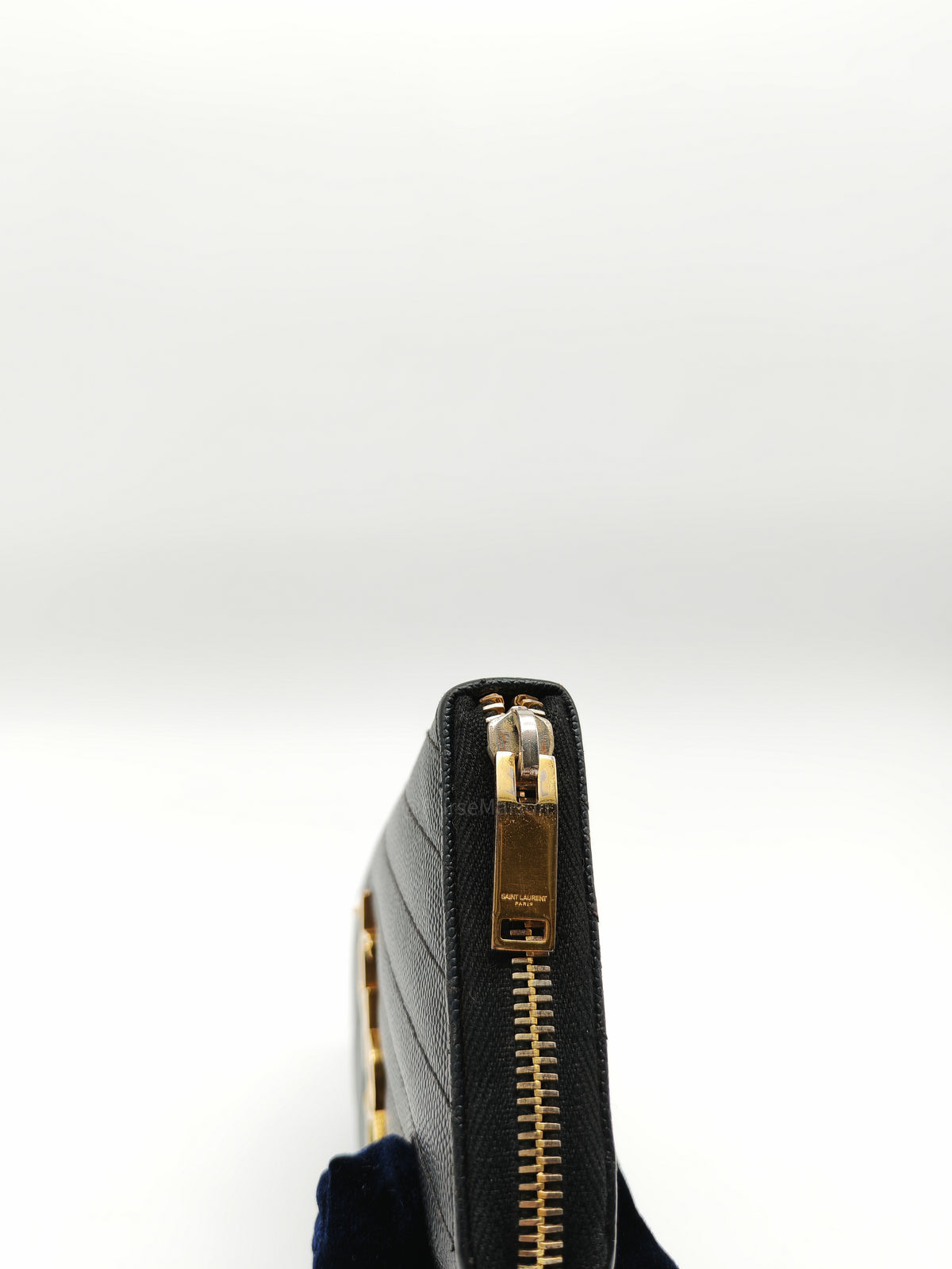 Yves Saint Laurent Cassandre Zip-Around Wallet in Black Chevron Quilted Matelasse Grained de Poudre Leather and Gold Hardware