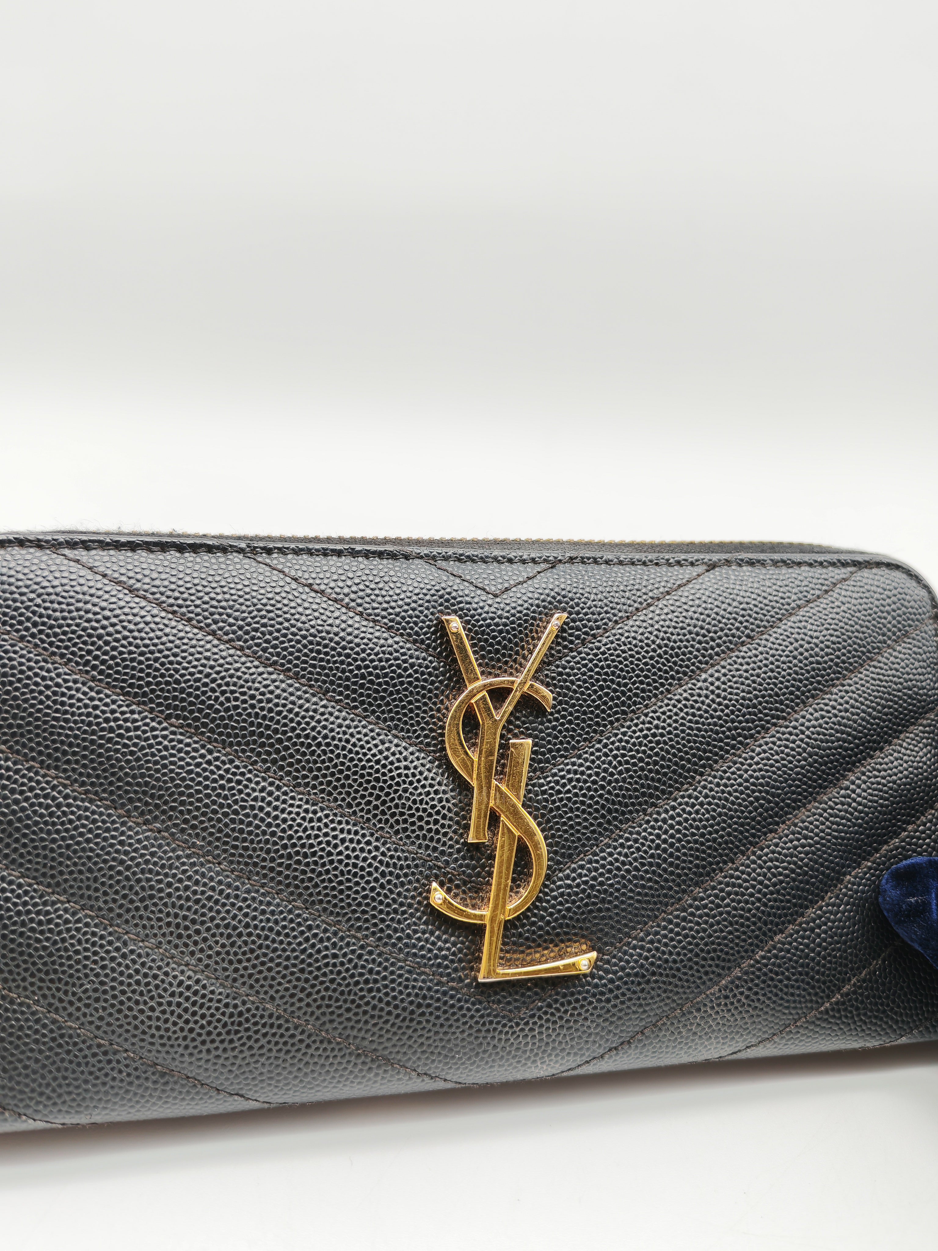 Yves Saint Laurent Cassandre Zip-Around Wallet in Black Chevron Quilted Matelasse Grained de Poudre Leather and Gold Hardware