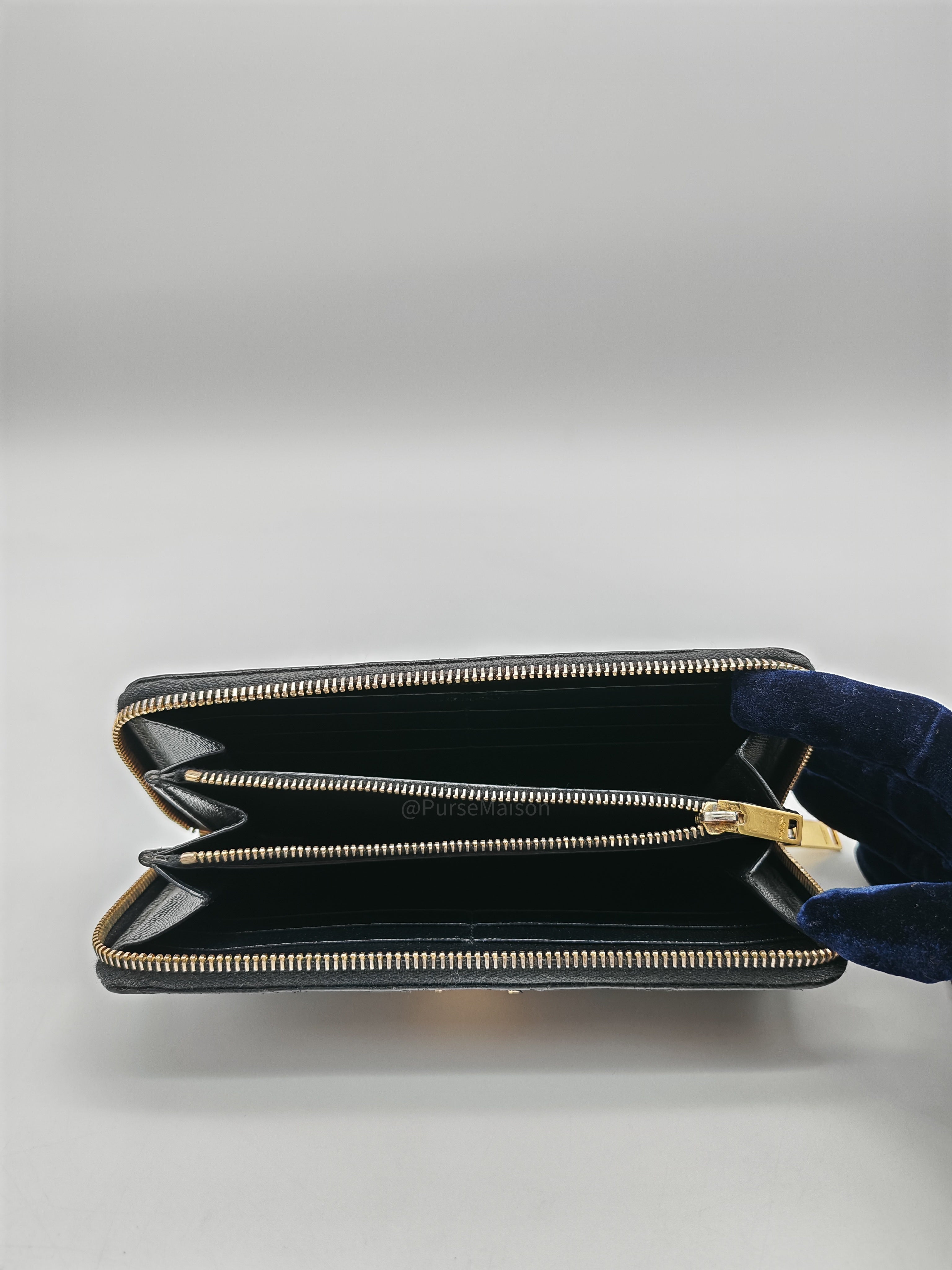 Yves Saint Laurent Cassandre Zip-Around Wallet in Black Chevron Quilted Matelasse Grained de Poudre Leather and Gold Hardware
