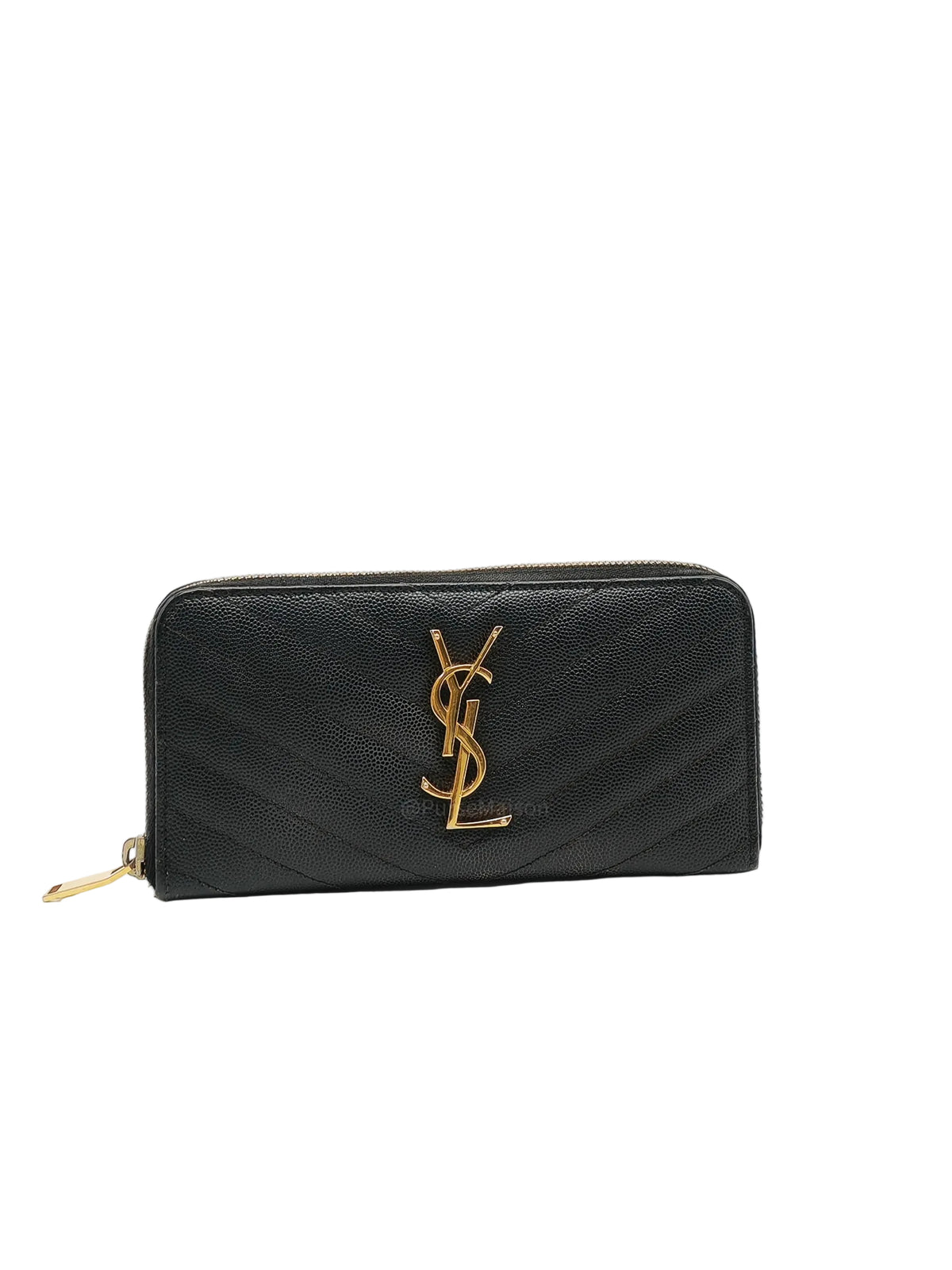 Yves Saint Laurent Cassandre Zip-Around Wallet in Black Chevron Quilted Matelasse Grained de Poudre Leather and Gold Hardware