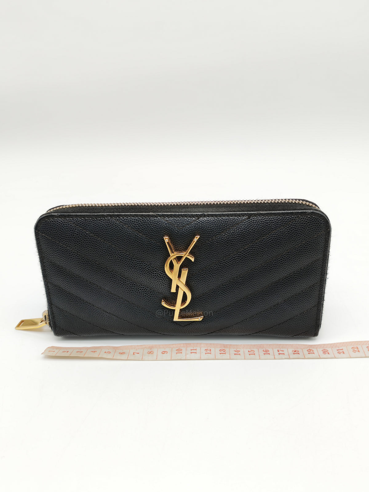 Yves Saint Laurent Cassandre Zip-Around Wallet in Black Chevron Quilted Matelasse Grained de Poudre Leather and Gold Hardware